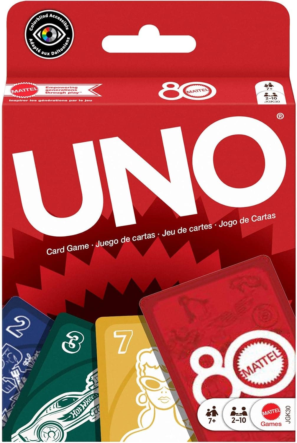 UNO Jeu de cartes Rouge Rubis 80 ans Mattel pour toute la famille et toutes les occasions (soirées, fêtes, voyages et camping), JGK30