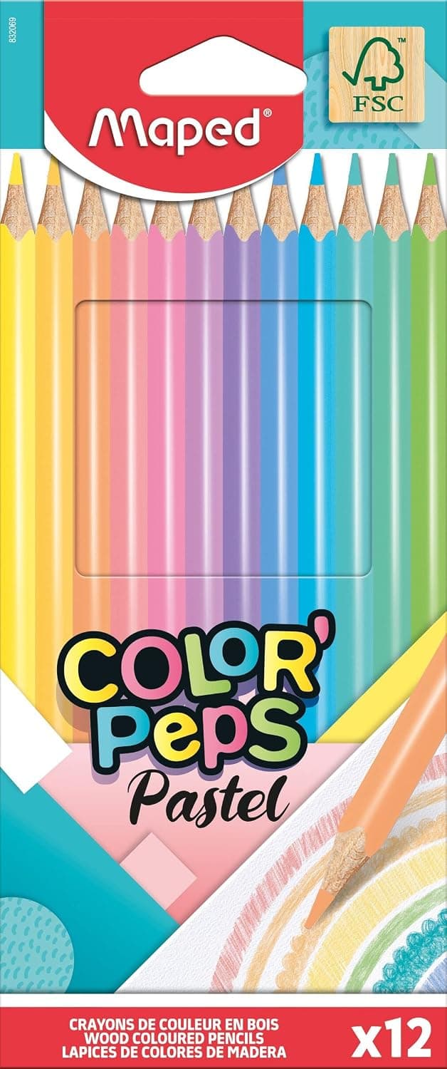Maped - Crayons de Couleur Color'Peps Pastels en Bois - 12 Couleurs Douces et Acidulées - Triangulaire Ergonomique - Conforme à la Réglementation des Jouets - Pochette Carton de 12 Crayons