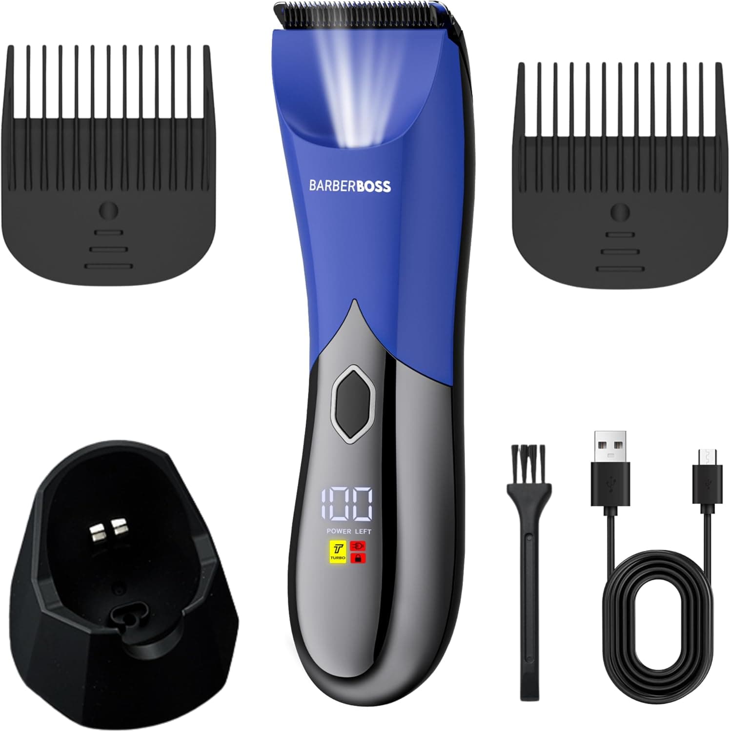 BarberBoss Tondeuse pour hommes, corps et zones intimes, rechargeable, bleue, pour poils pubiens, vitesse turbo, USB-C, écran LED et étanche