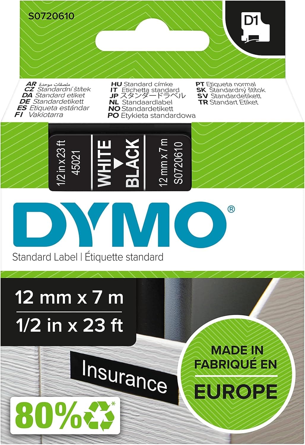 DYMO D1 Étiquette Standard, Blanc sur Fond Noir, 12 mm x 7 m