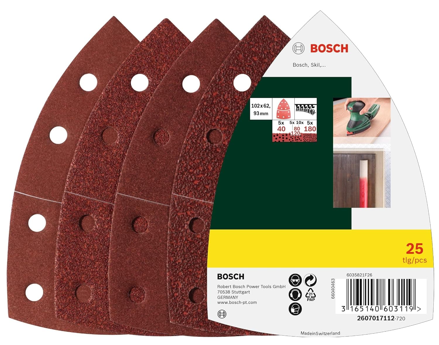 Bosch Professional Bosch 25x Disques Abrasifs Mixtes Papier (pour Bois, Mastics, Peinture et Vernis, Grain 40/80/120/180, 11 Trous, 102 x 62 mm, Accessoires pour Ponceuses Multi) Meule d'angle