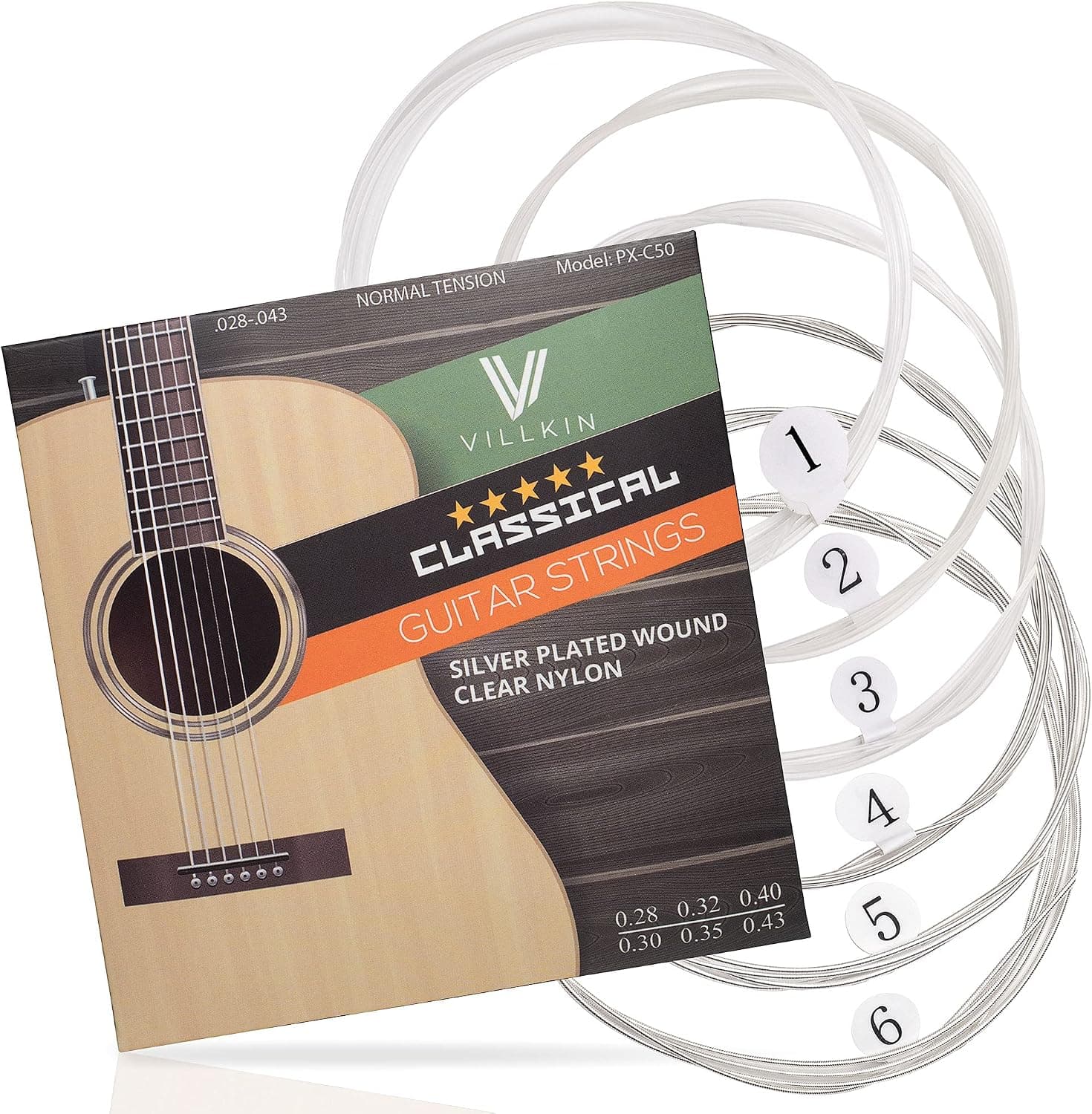 Villkin Cordes de Guitare - Cordes Nylon Premium pour Guitare Classique, Concert & Acoustique - Jeu de 6 Cordes
