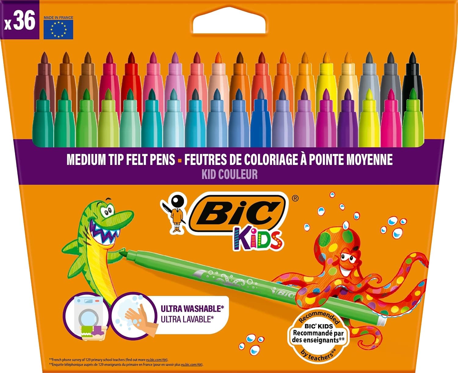 BIC Kids Kid Couleur - Feutres de Coloriage Lavables à Pointe Moyenne - Couleurs Assorties, Etui Carton de 36