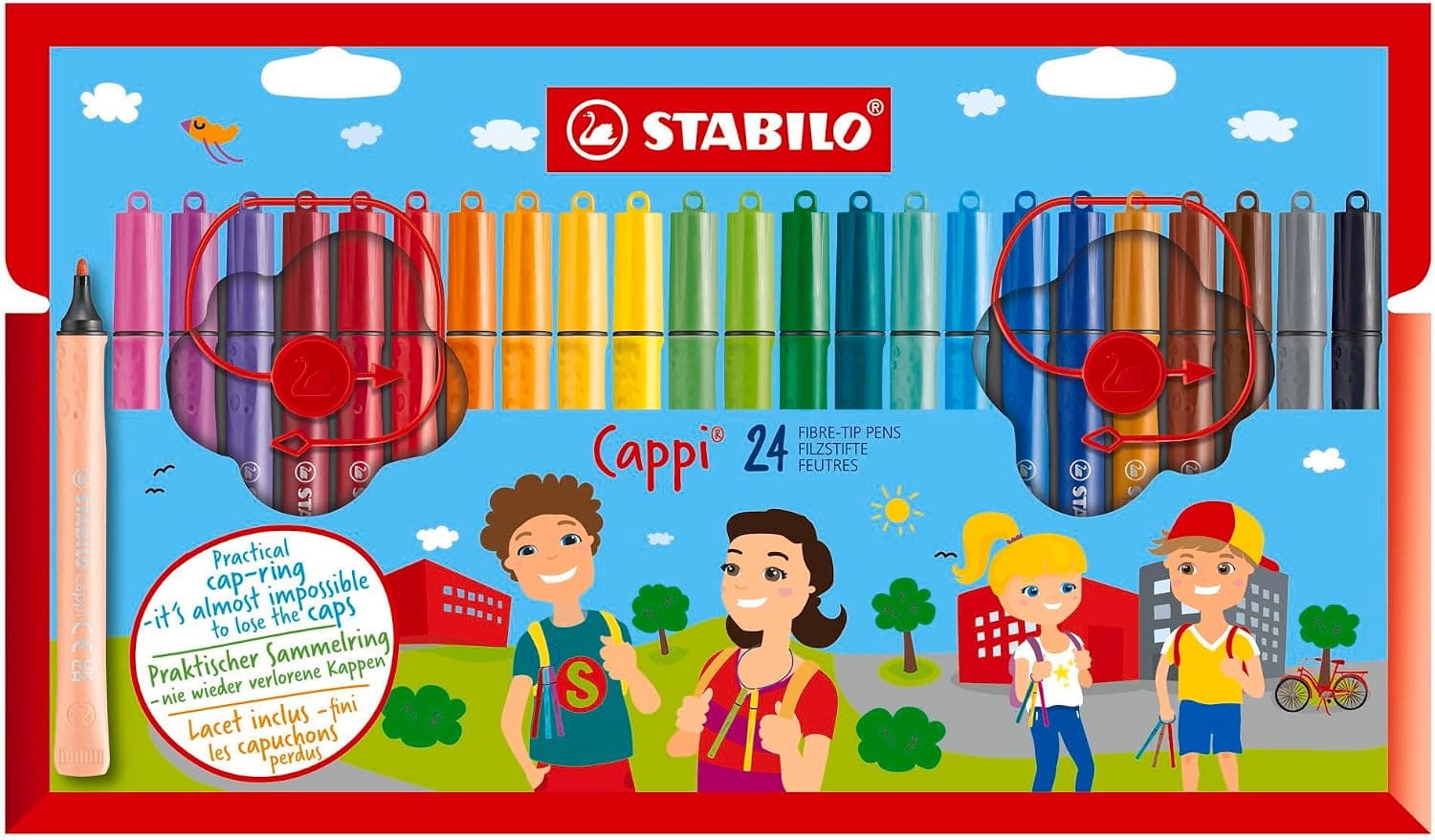 STABILO - Feutre de coloriage - Cappi - Étui carton x 24 feutres de coloriage enfant pointe moyenne - 1 lacet d'attache inclus - coloris assortis