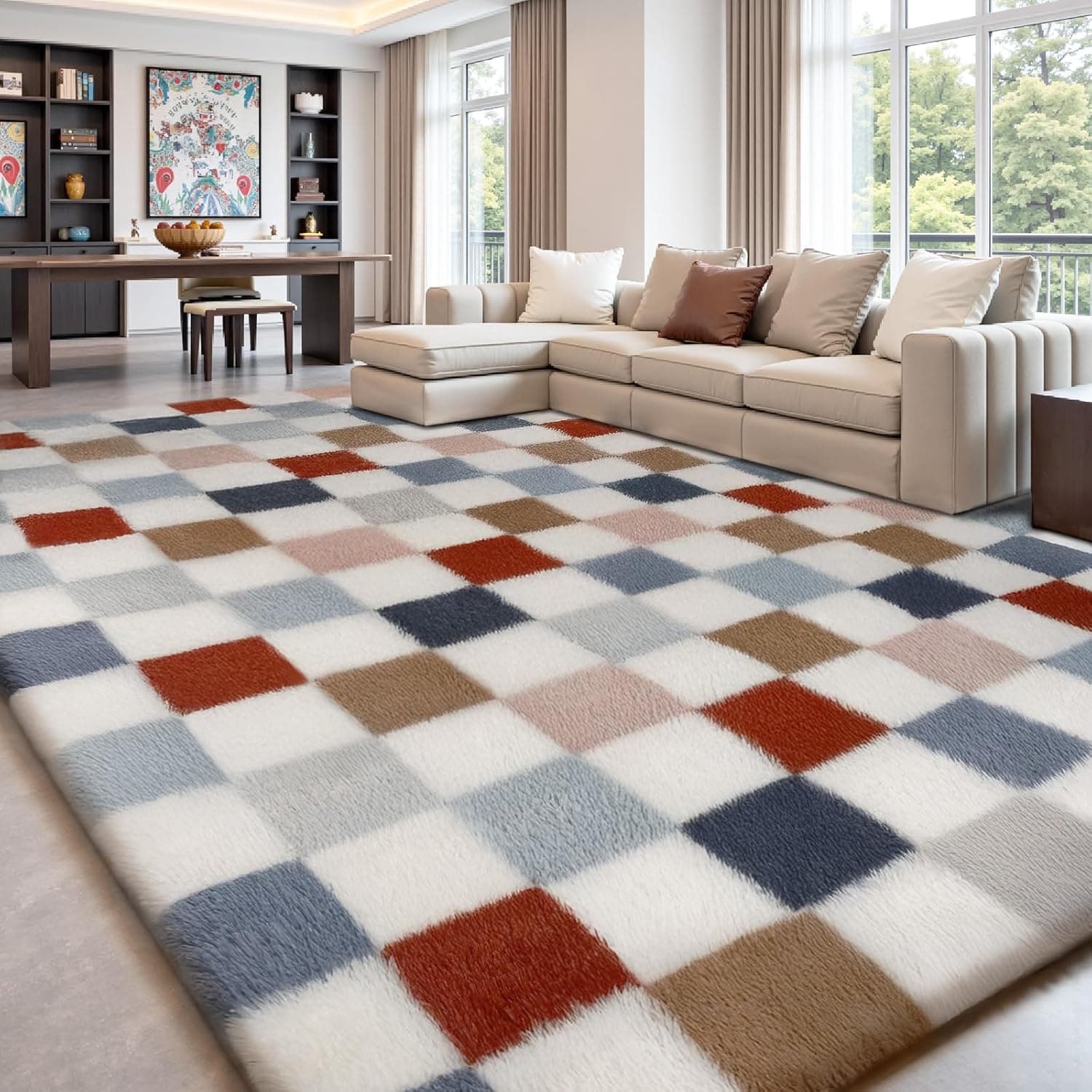 Sour Lemon Tapis pour salon, 140 x 200 cm, à carreaux multicolores, pour chambre à coucher, lavable, antidérapant, extra large et moelleux pour chambre d'enfant, dortoir