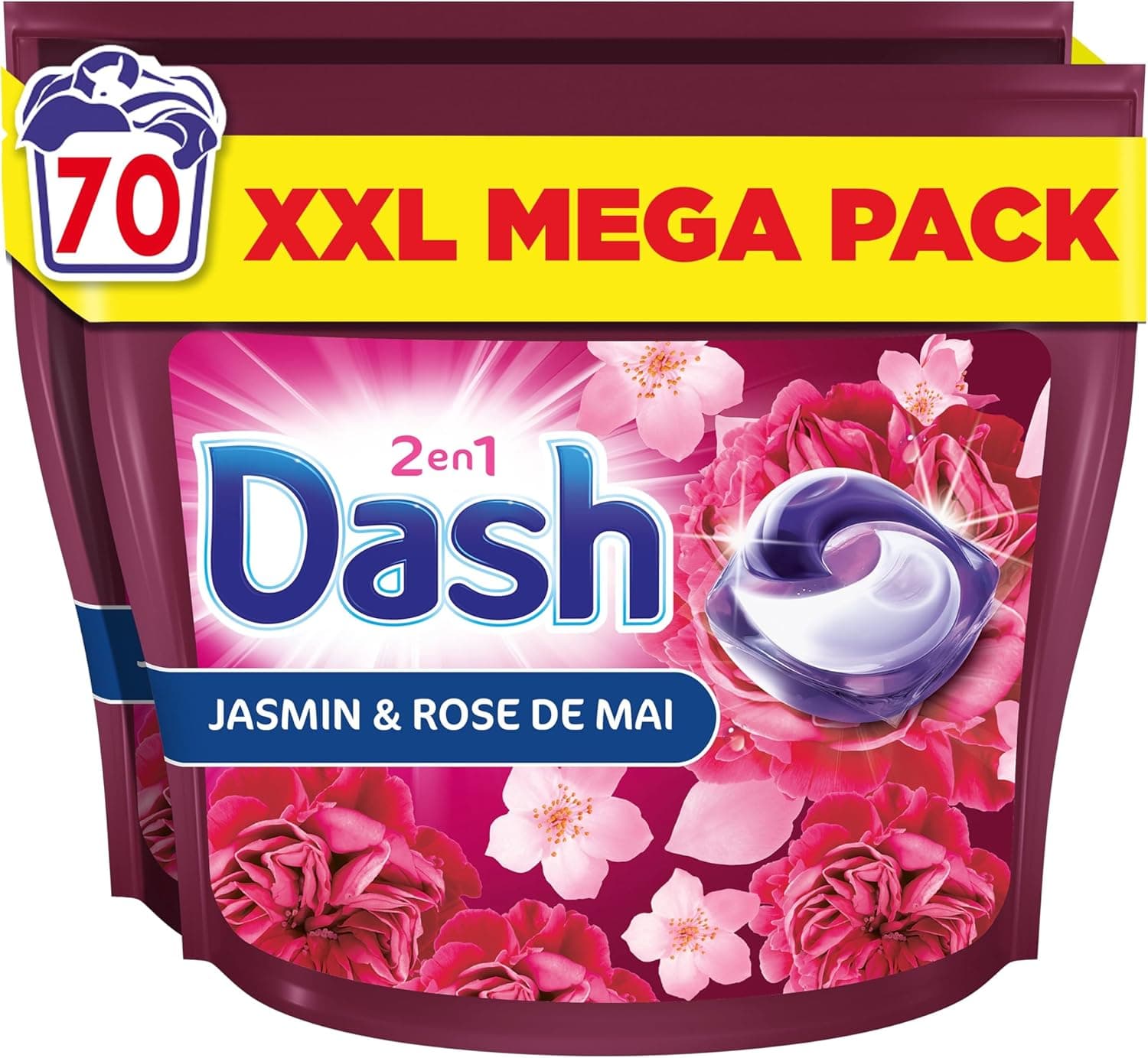 Dash 2en1 PODS, Lessive En Capsule, 70 Lavages, Jasmin Et Rose De Mai, 3 SEMAINES DE FRAÎCHEUR* AVEC L’ADOUCISSANT LENOR, Fabriquée En France, Dash 2in1