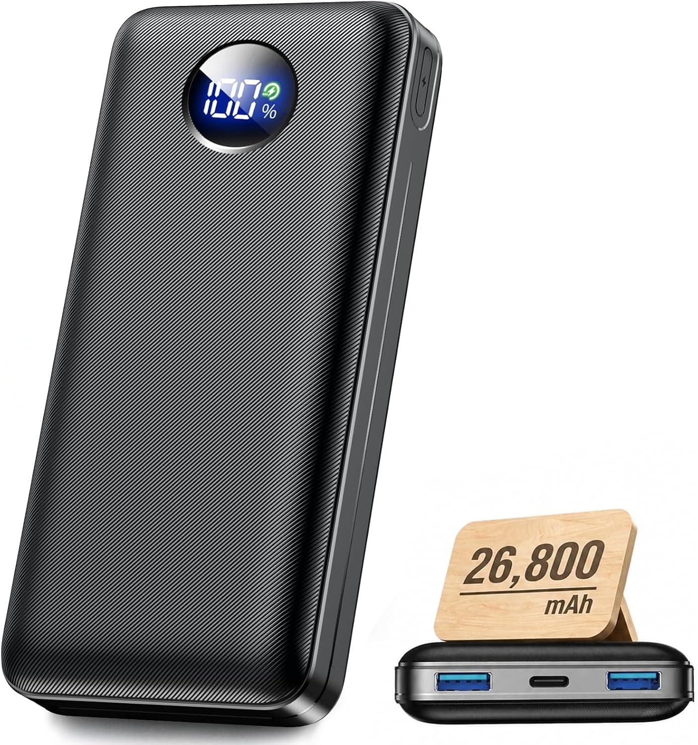 Powerbank 26800 mAh, 22,5 W, fonction de charge rapide, batterie externe avec 3 sorties (USB-C 20 W PD 3.0 & QC 3.0 USB-A), chargeur compact pour iPhone 17, 16, 15, Samsung, iPad, charbon