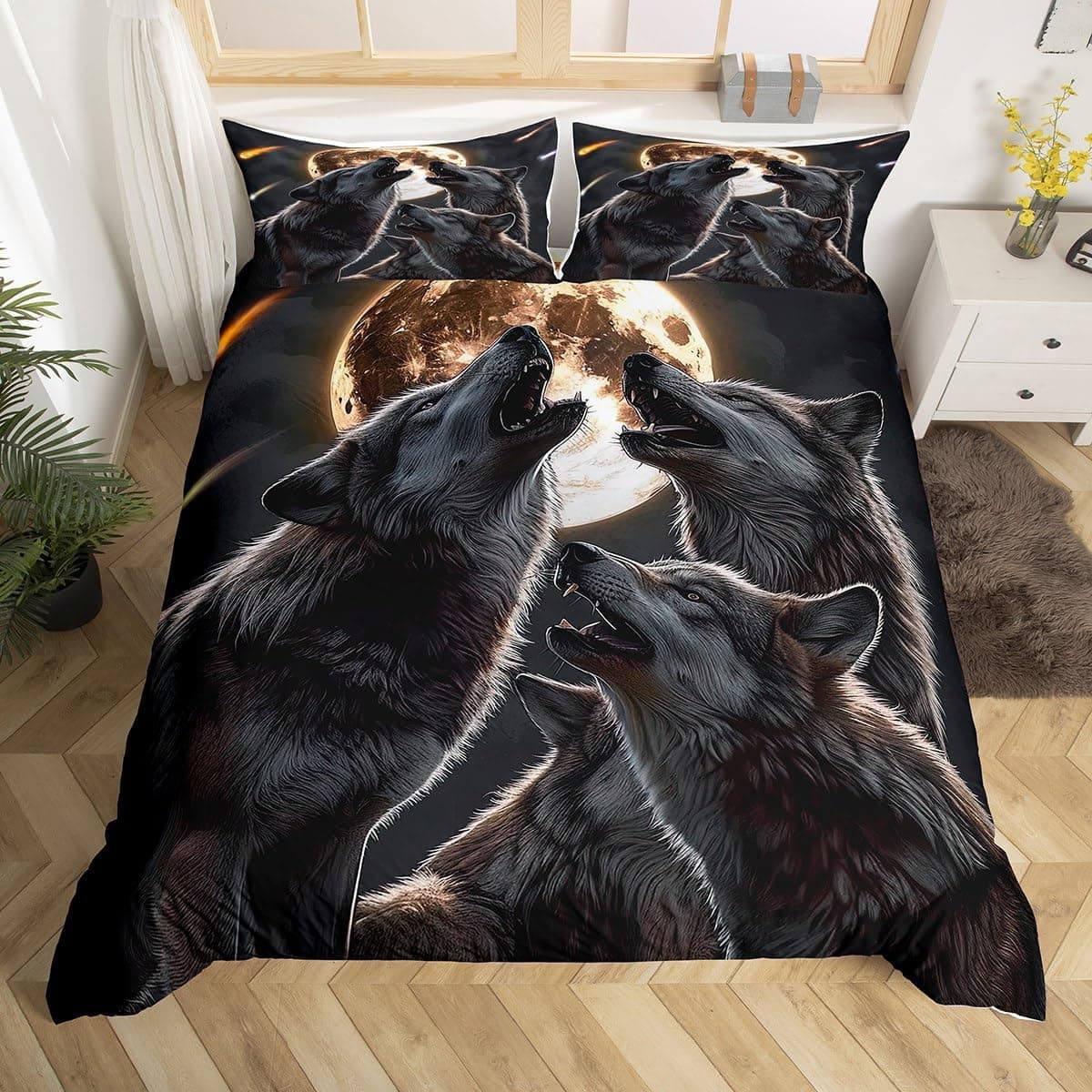 Homewish Parure de lit avec housse de couette 135 x 200 cm - Motif galaxie lune, loup - Décoration de chambre - Chasse, safari, faune - Impression 3D - Pour enfants garçons et filles