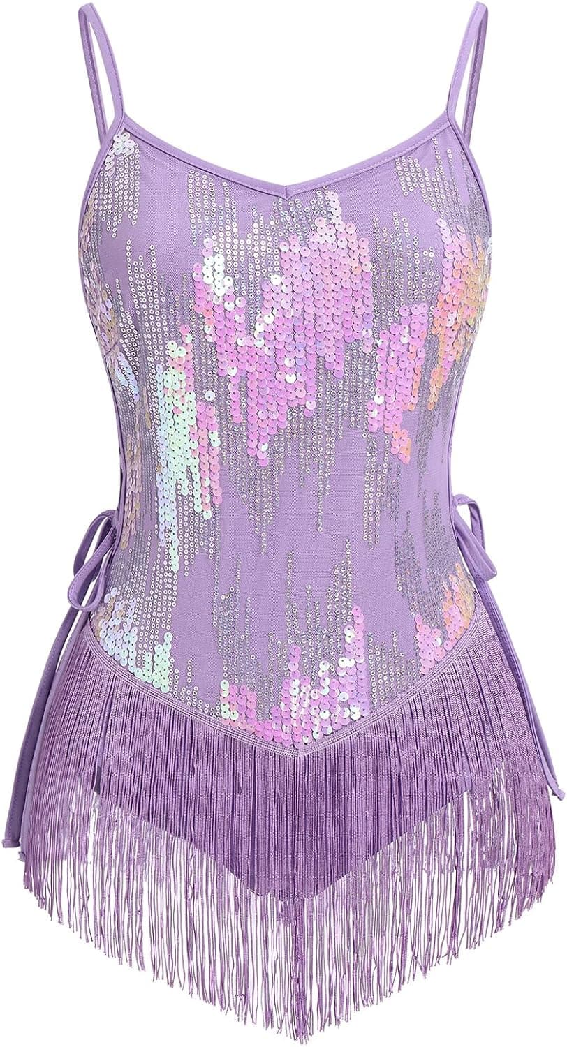 Justaucorps à franges pour femme - Danse latine - Paillettes scintillantes - Dentelle - Sexy - Festival - Rave - Concert - Cocktail - Tenue de fête