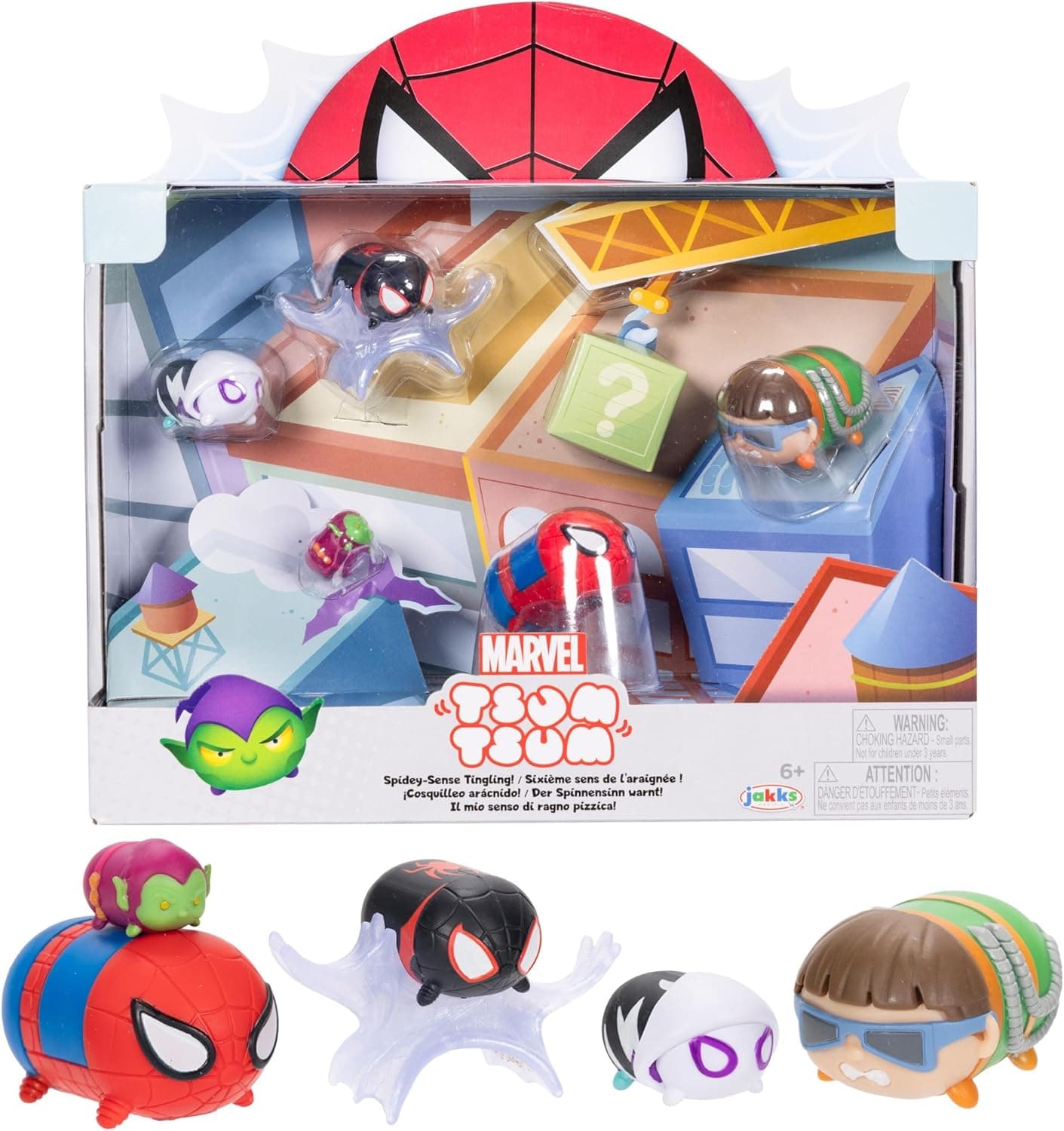 Disney Marvel - Set Figurines Tsum Tsum Spiderman - 7 cm - Jouets Empilables - 6 Figurines de Collections Dont 1 Mystère - Acessoires Toile d'Araignée - Stimule l'Imagination - Cadeau Enfant 6 Ans+