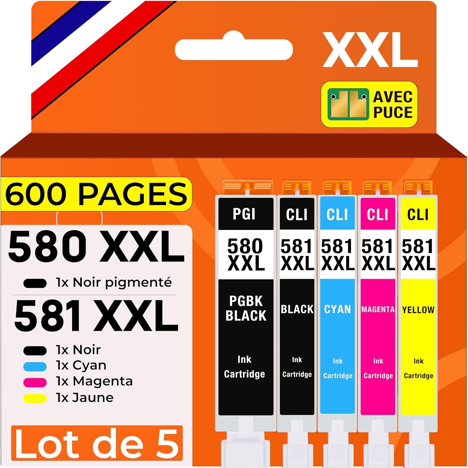 Supply Guy 5 Cartouches d'encre XXL Compatible avec Canon PGI-580 CLI-581 Multipack pour Pixma TR7500 TR7550 TR8500 TR8550 TS6100 TS6150 TS6151 TS6250 TS6251 TS6350 TS6351 TS705