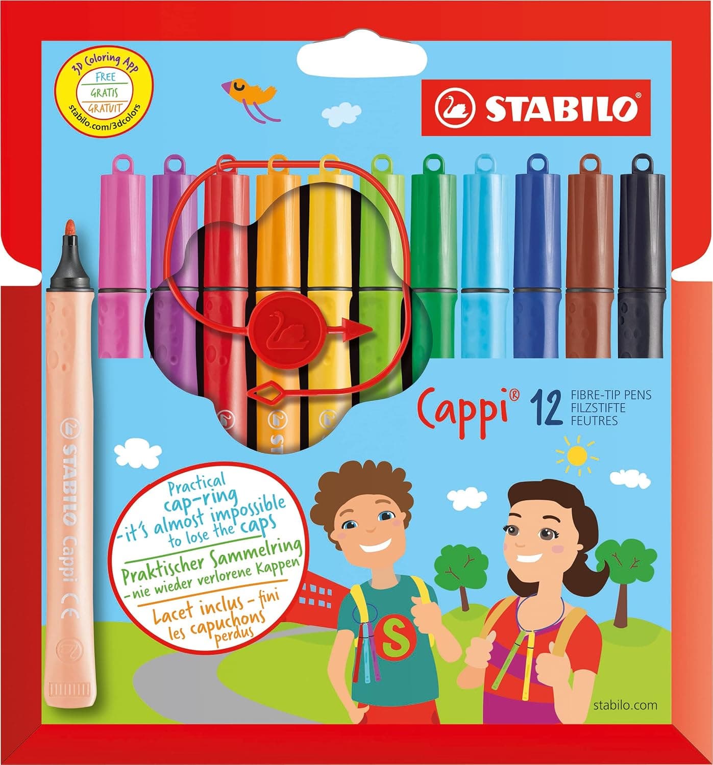 STABILO Cappi - Feutre de coloriage - Étui carton x 12 feutres pointe moyenne + 1 lacet d'attache