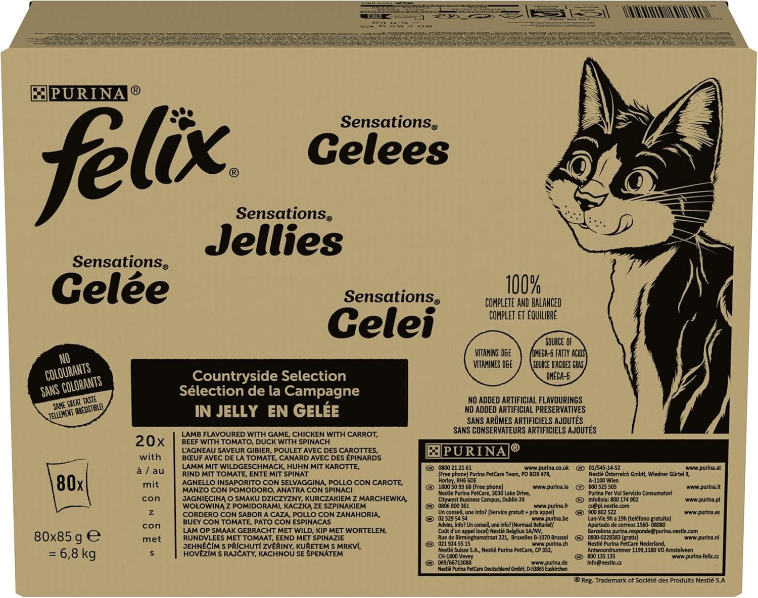 Purina Felix Sensations Nourriture Humide pour Chats avec Boeuf, Poulet, Canard, Agneau, 80 enveloppes 85g, 1 unité