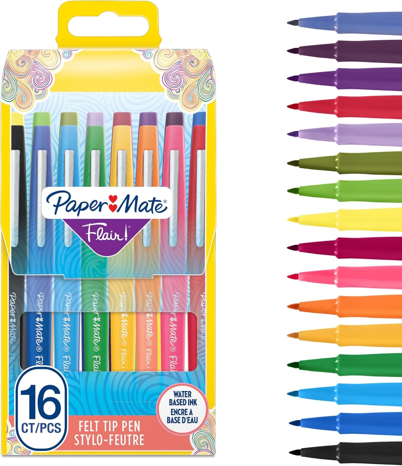 Paper Mate Flair Stylos feutres | Feutres de coloriage sans fuite à pointe moyenne (0,7 mm) | Idéal pour écrire, coloriage (adultes et enfants) etc. | assortiment de couleurs | Lot de 16