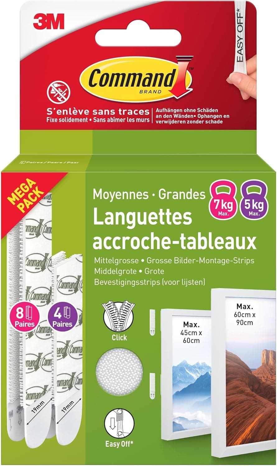 Command Languettes Accroches Tableaux Moyen et Grand Modèles, Blanc, 8 x 2 L + 4 X 2 M Languettes Adhésives - Fixation sans Dommage