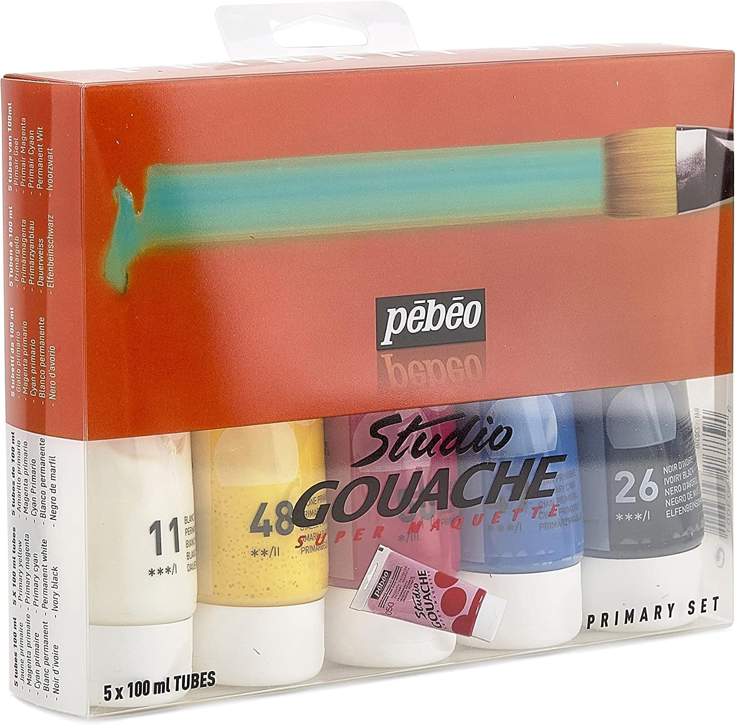 Pébéo Gouache Pack Primaire Assortiment de 5 Tubes de 100 ml Couleurs Assorties