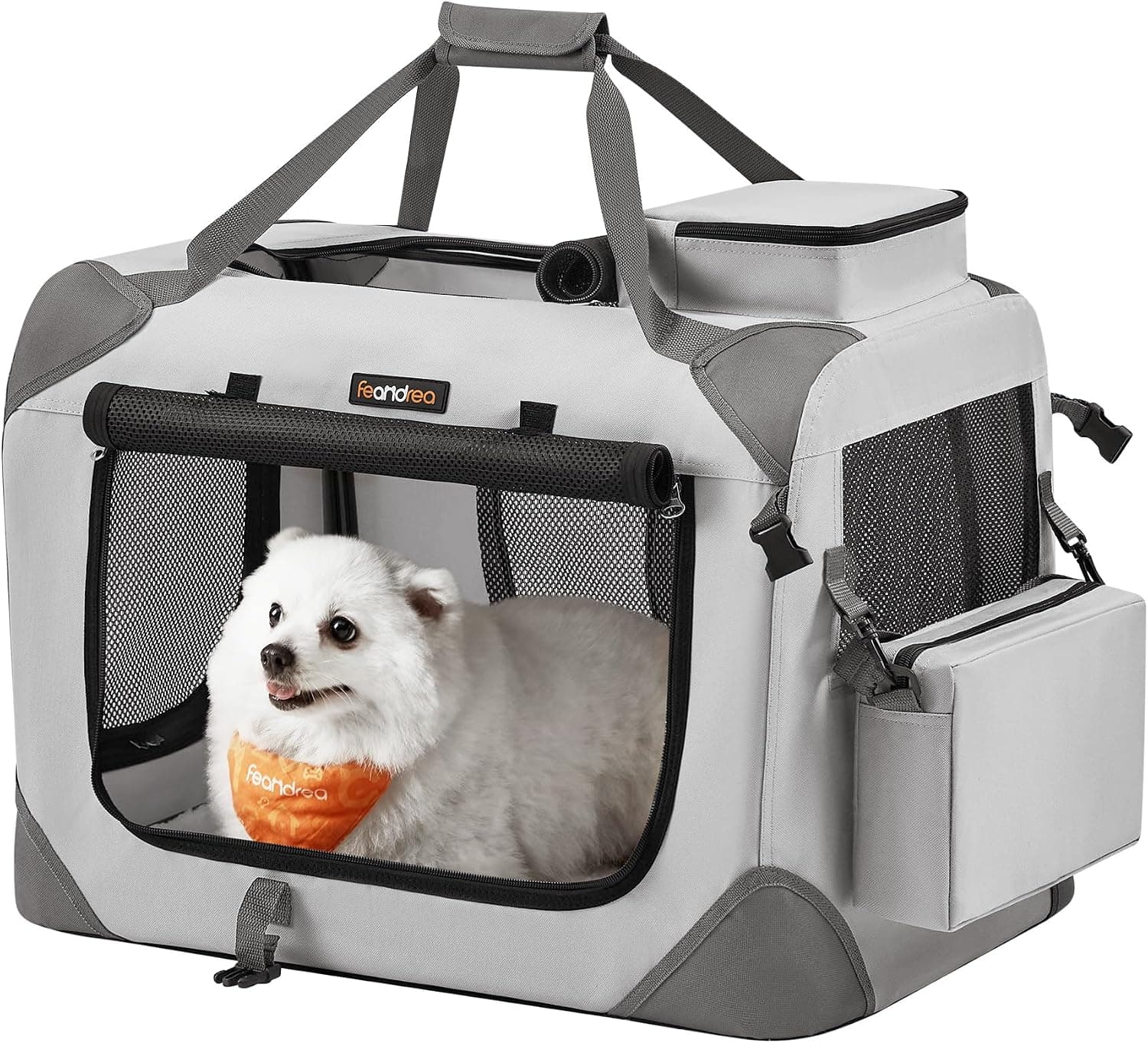 Feandrea Sac de Transport pour Chien Pliable, Taille M, en Tissu Oxford, à Maille Respirante, avec Cadre en métal, poignées de Transport et Poches, 60 x 42 x 42 cm, Gris fumée, PDC060G02