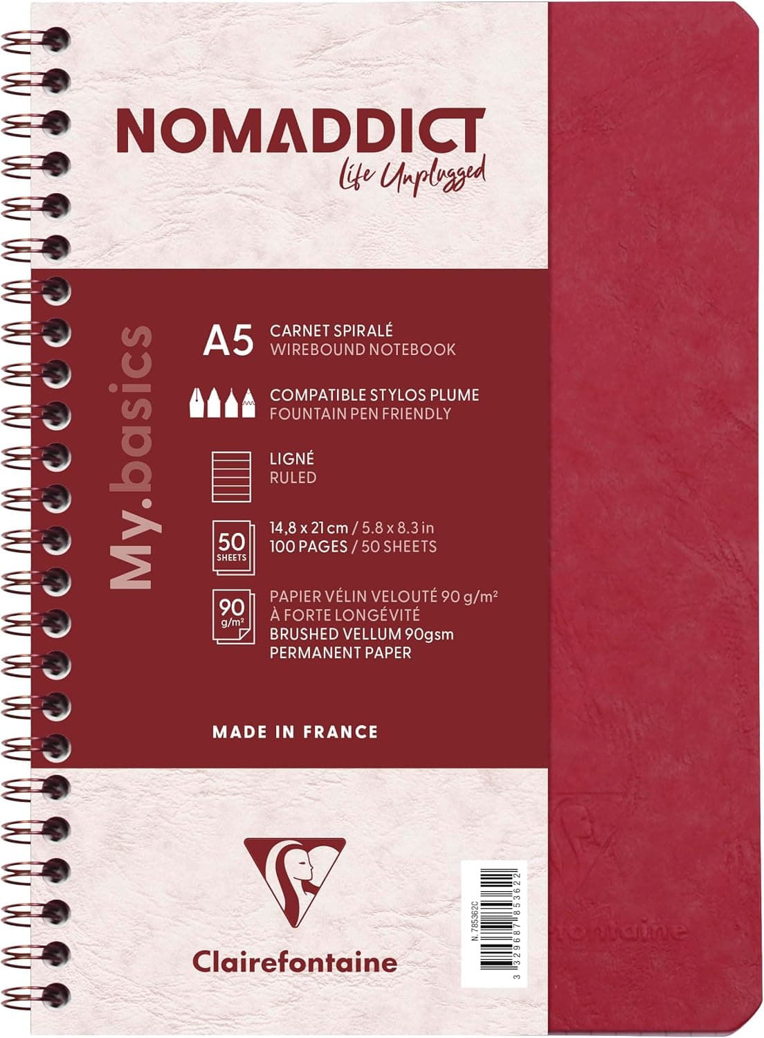 Clairefontaine 785362C Cahier spirale Nomaddict A5 100p ligné Rouge