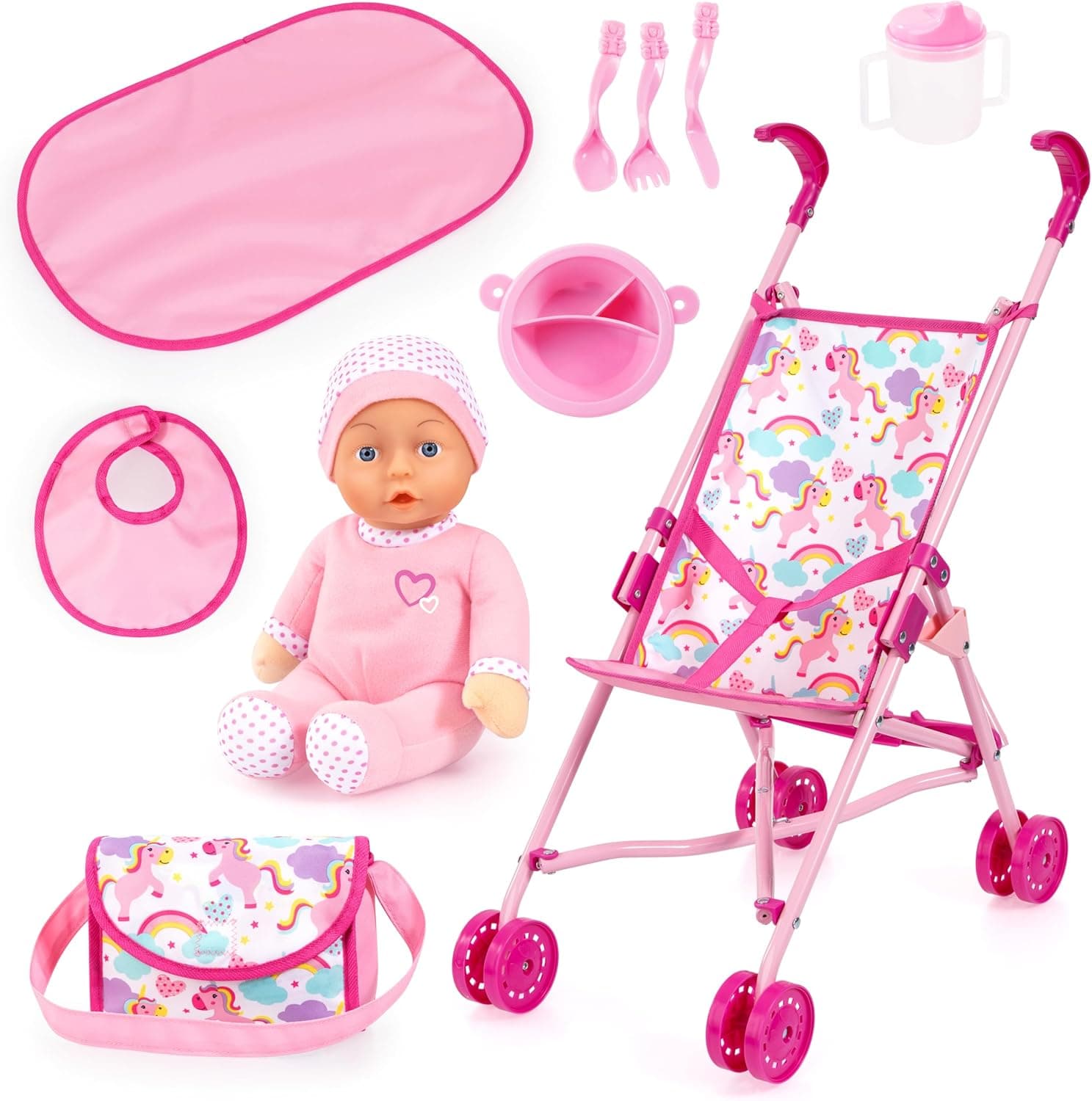 Bayer Design 30585AB Ensemble de Poussette Canne de poupée, Poupon, Sac, Accessoires, Matelas à Langer, Rose | accessoires, matelas à langer, poussette pliable, ceinture de sécurité intégrée, roues doubles, en métal