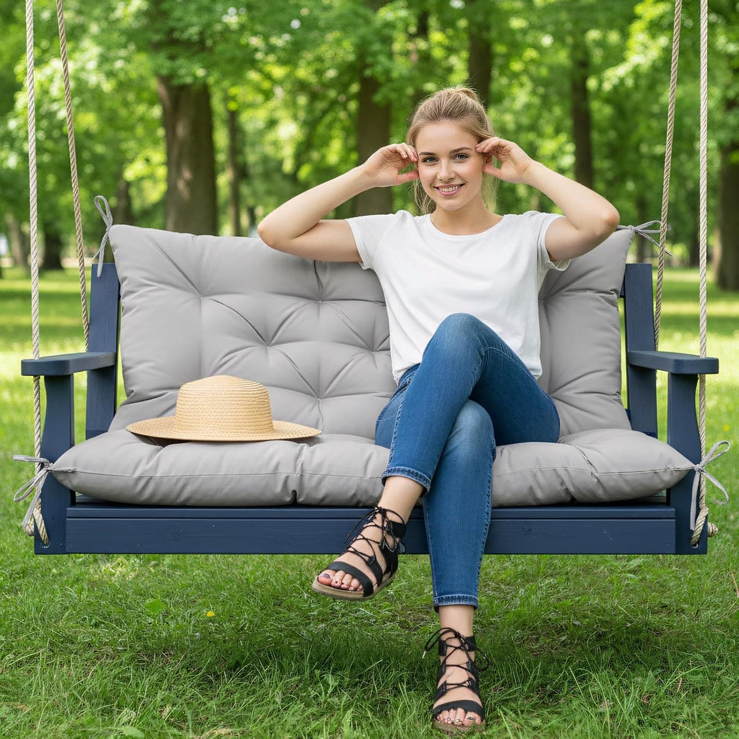 Banc de jardin imperméable avec coussins de dossier : meubles de jardin, balancelle hollywoodienne d'extérieur, pour les personnes qui aiment la décoration extérieure (gris clair, 150 x 100
