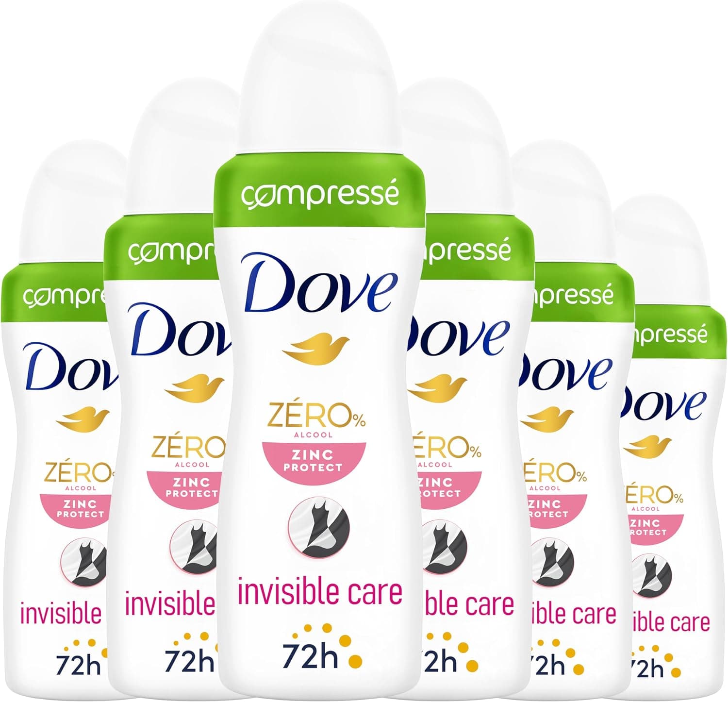 DOVE Déodorant Spray Compressé Zinc Protect 0% Alcool - Invisible Care - Soin quotidien des aisselles - 72h de protection anti-odeurs - lot de 6x100ml