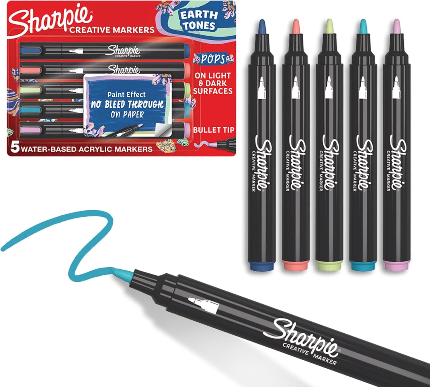 Sharpie Feutres acrylique | Couleurs Minérales | Pointe ogive | Feutres de coloriage adulte idéal pour coloriage mystèredessineretc. | Encre anti-bavures à base d’eau | Lot de 5