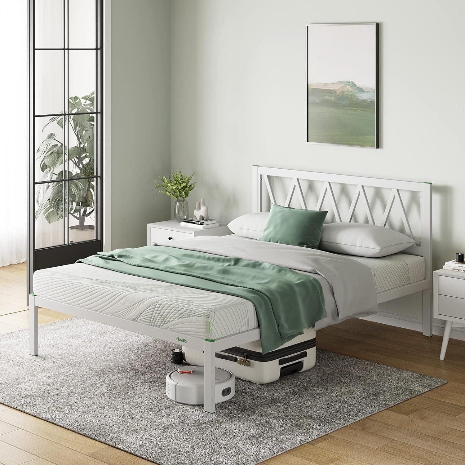 Novilla Cadre de lit Plateforme en métal 30cm, Sommier, avec 5 Pieds Hauts et tête de lit, Rangement sous Le lit, Support à Lattes en Bois,Assemblage Facile,140 x 190 cm, Blanc