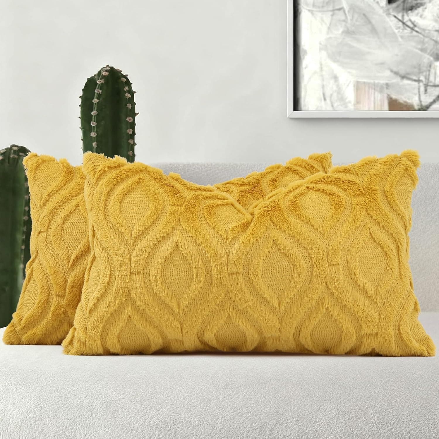 decorUhome Lot de 2 Housses de Coussin rectangulaires en Fausse Fourrure de Style bohème Neutre, pour canapé, 30 x 50 cm, Jaune Moutarde