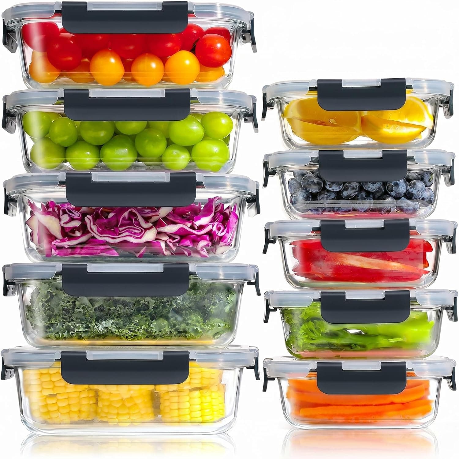 YASHE Boite Alimentaire Verre avec Couvercle Hermétique - Lot de 10 Lunch Box Verre Réutilisables, Sans BPA, Compatibles Micro-ondes, Four, Lave-vaisselle, Congélateur, Noir