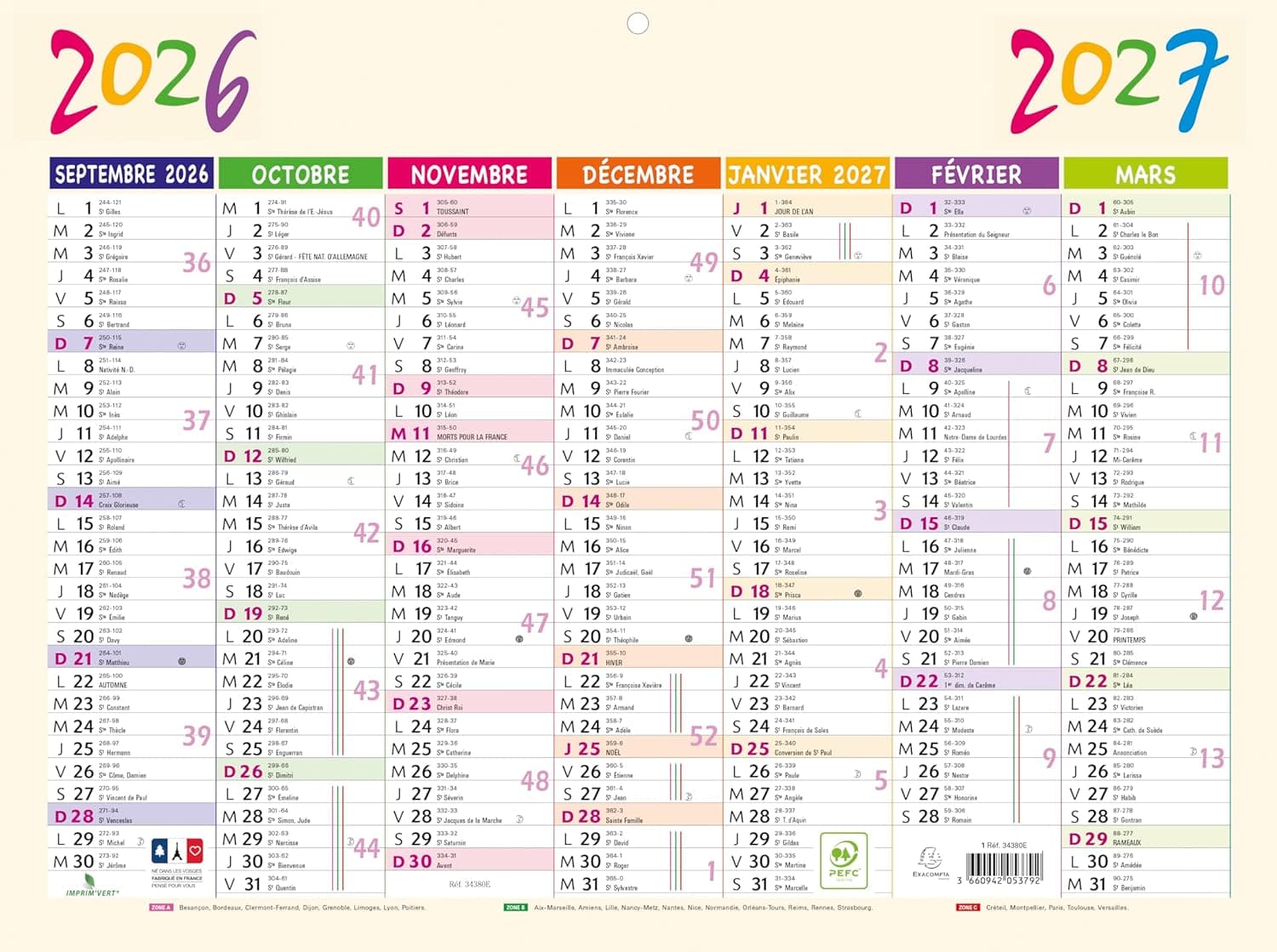 Exacompta - Calendrier Pep's 29,5x22cm - Sept. 2026-2027 - Beige