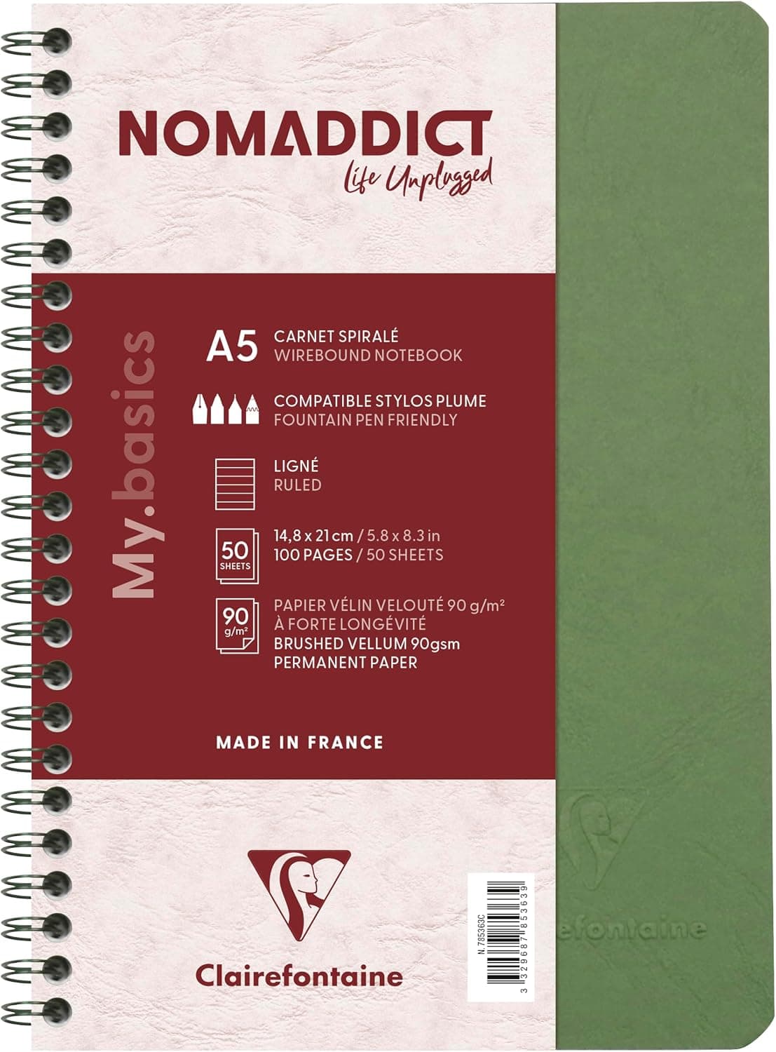 Clairefontaine 785363C Nomaddict Cahier à Spirale Vert - A5 - 100p ligné