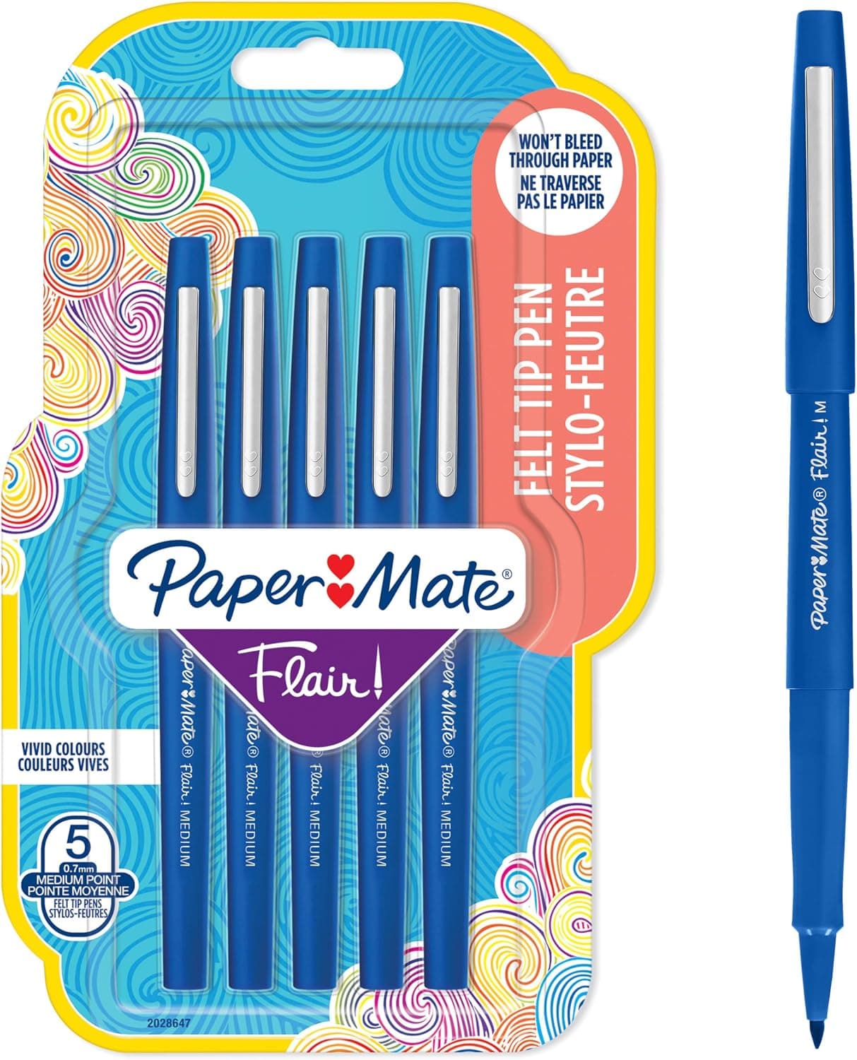 Paper Mate Flair Stylos feutres | Feutres de coloriage sans fuite à pointe moyenne (0,7 mm) | Encre bleue | Idéal pour écrirescrapbookingdessineretc. | Lot de 5
