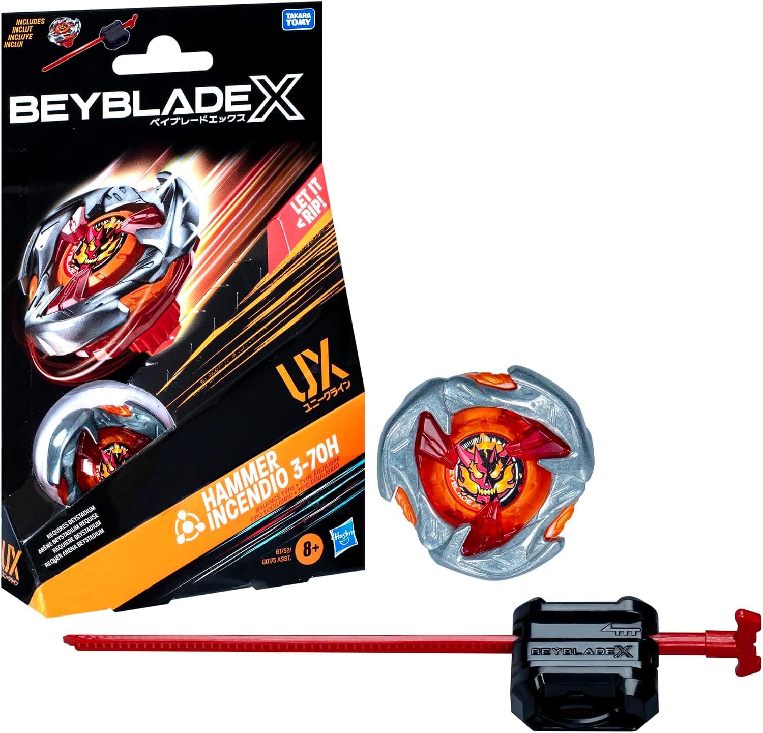 Beyblade X, Starter Pack Hammer Incendio 3-70H UX avec toupie et Lanceur