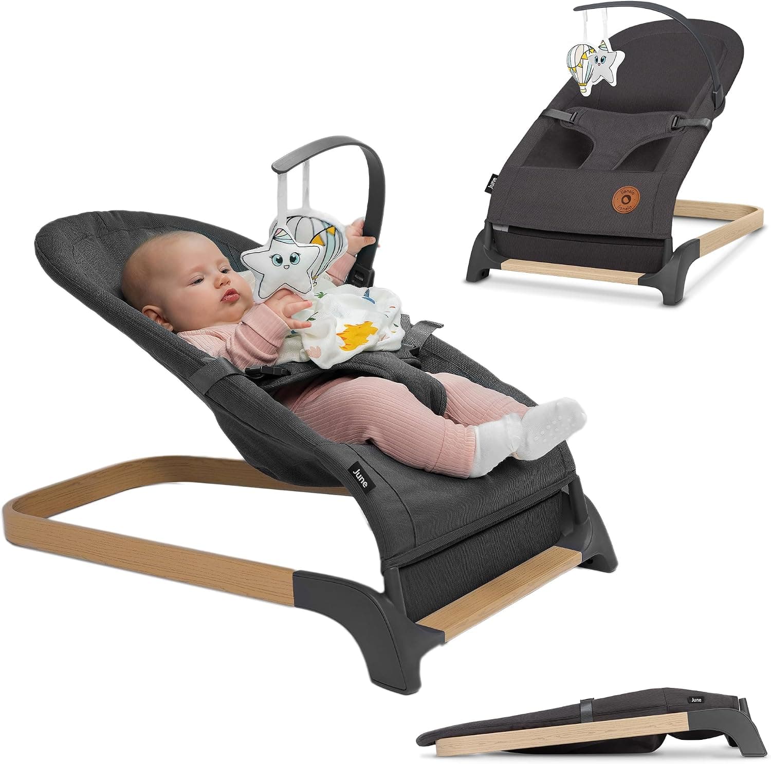 LIONELO June Air transat bébé dès les premiers jours de vie jusqu'à 9 kg, matière aérée, circulation d'air parfaite, léger, stable, antidérapant, bascule pour bébé pliable (Gris Graphite) (Stone)