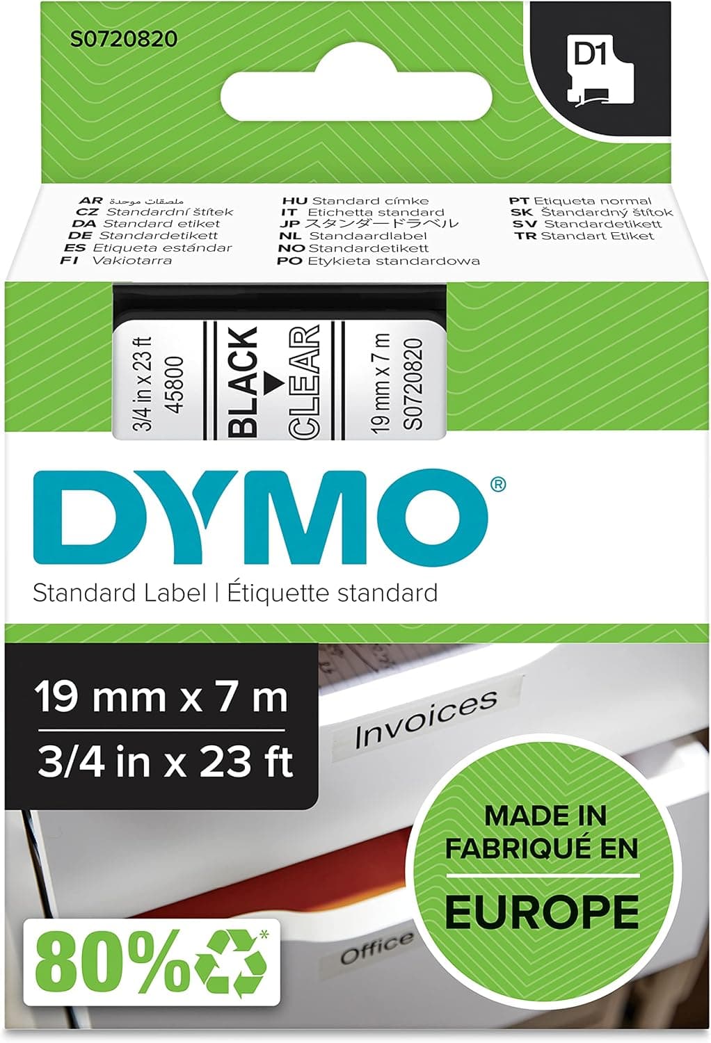 Dymo D1 Étiquette Rouleau 19 mm x 7 m Noir/Transparen