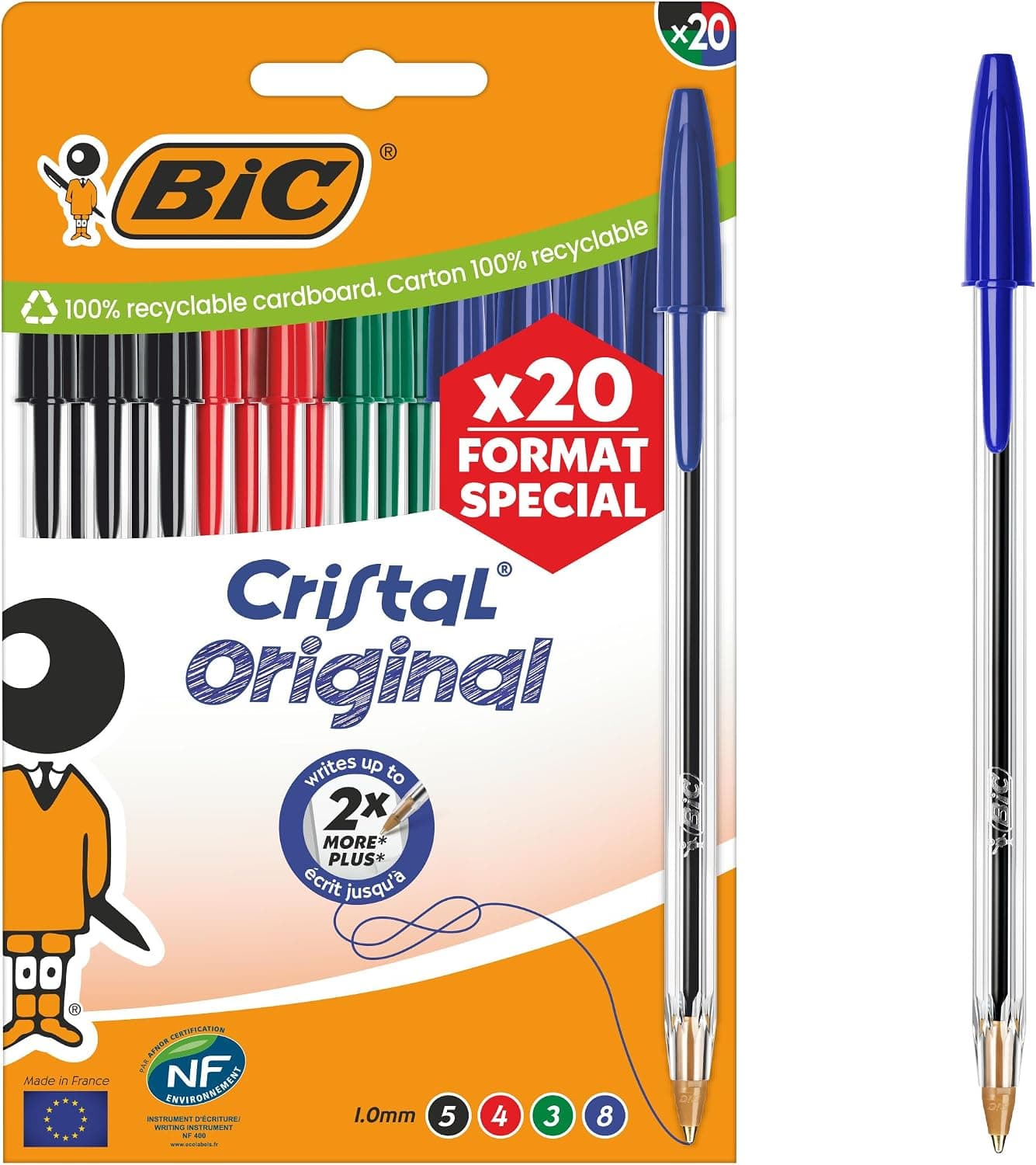 BIC Cristal Original Stylos-Bille Pointe Moyenne (1,0 mm) avec Capuchons et Embouts Assortis - Couleurs Assorties, Pochette Format Spécial de 20