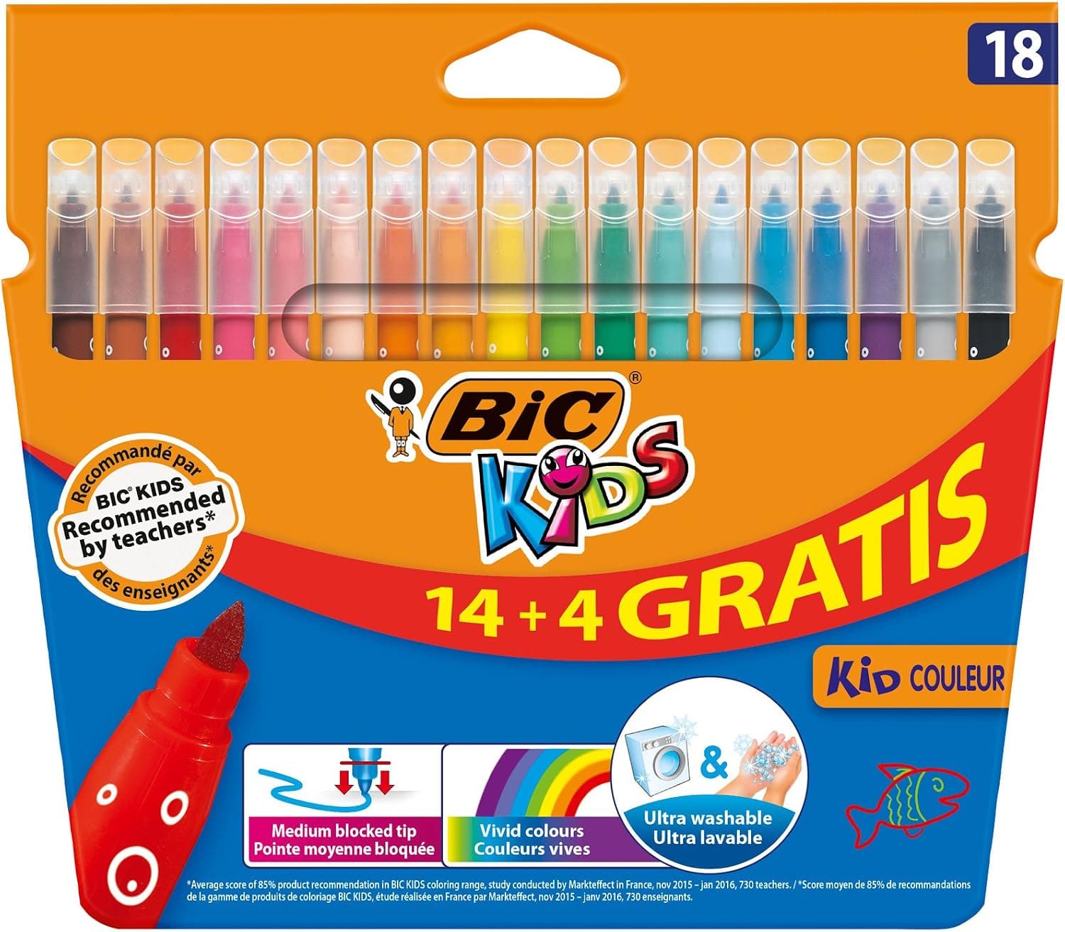 BIC Kids Kid Couleur, Feutres de Coloriage Enfant à Pointe Moyenne, Couleurs Assorties, Etui Carton de 18