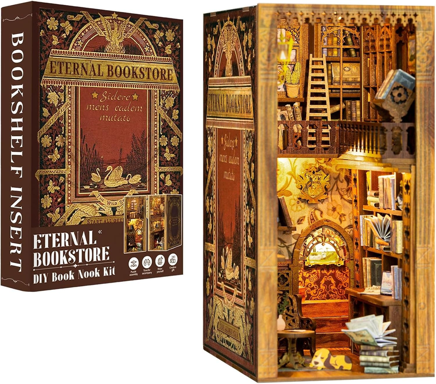 CUTEBEE DIY Book Nook Kit – Kit de Maison de poupées Miniatures avec Meubles et lumière LED, Puzzle 3D en Bois, Serre-Livres d'art