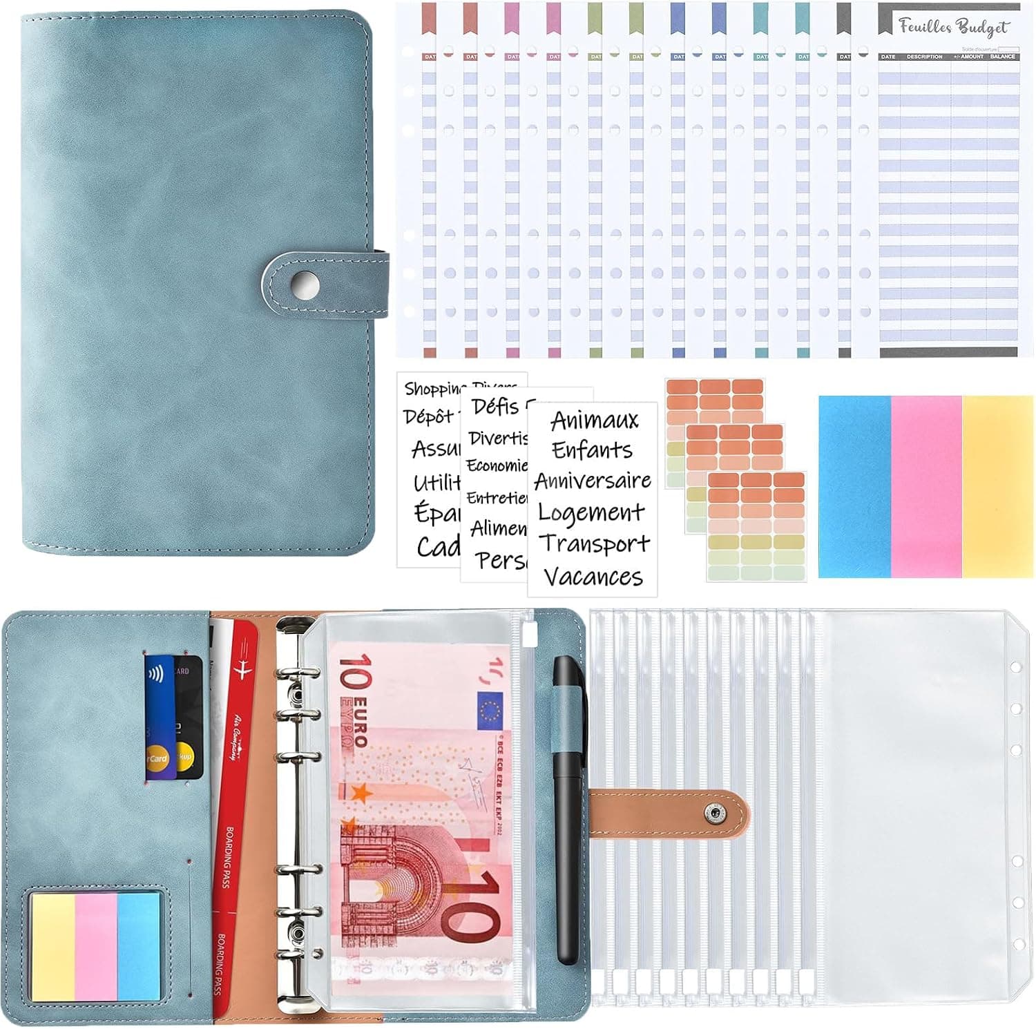 AiQInu Classeur A6, en PU Cuir Budget Planner Couverture avec 10 PVC Enveloppe Budget, 12 Feuilles Budget en Français, 3 Autocollants de Mots Français et 3 Autocollants