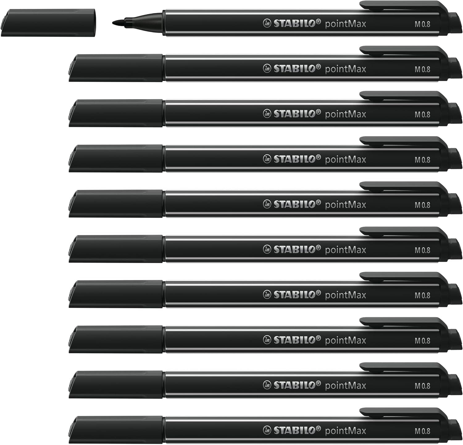 STABILO - Feutre d'écriture pointe moyenne - pointMax - Lot x 10 feutres d'écriture pointe nylon 0,8 mm - Noir | Lot de 10 noirs