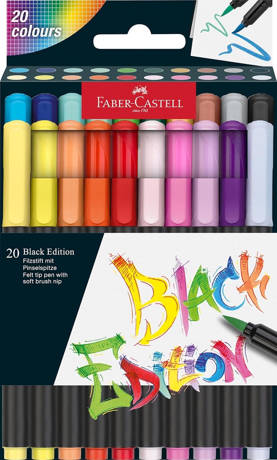 Faber-Castell - Coffret de stylos pinceaux Black Edition, 20 couleurs | Feutres-pinceaux pour adultes, pour colorier et écrire, feutres à encre lavable