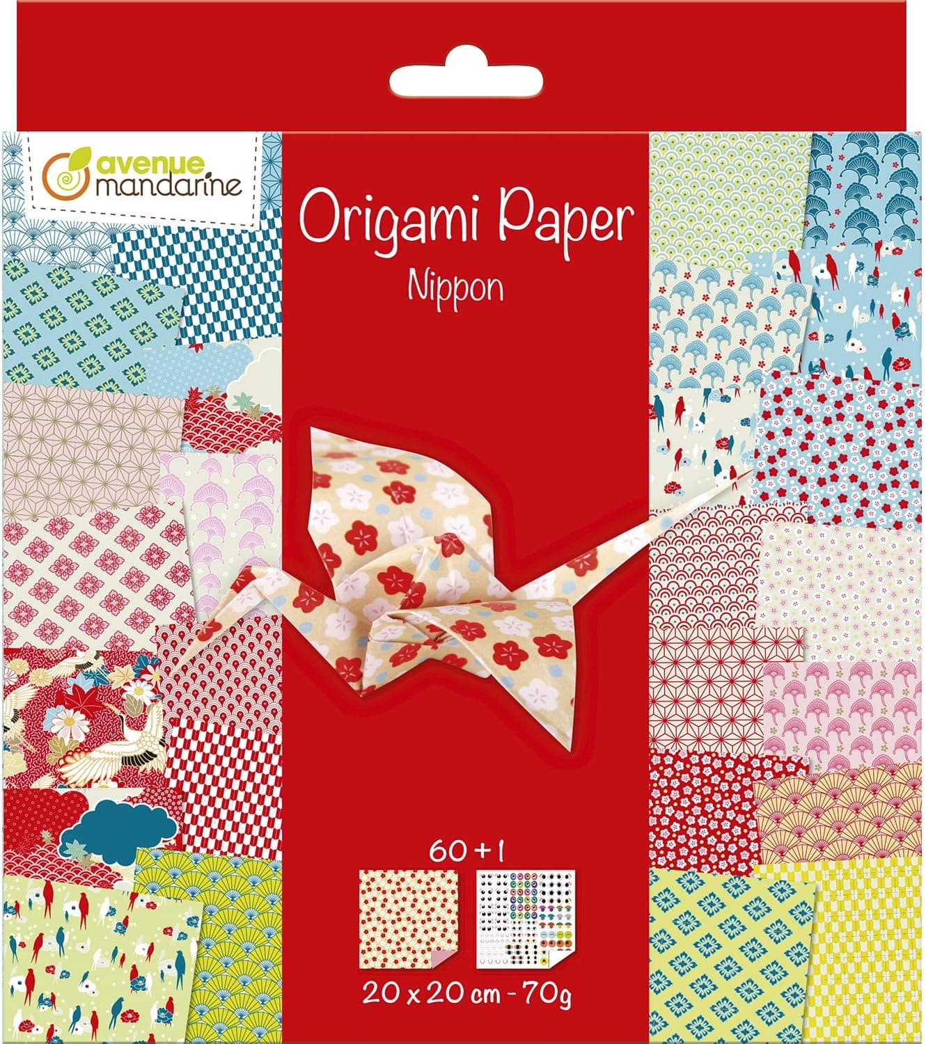 MY MANDARINE OR514C - Un paquet de 60 feuilles Origami 20x20 cm 70G (30 motifs x 2 feuilles) + une planche de stickers ''Yeux'', À partir de 7 ans - NIPPON