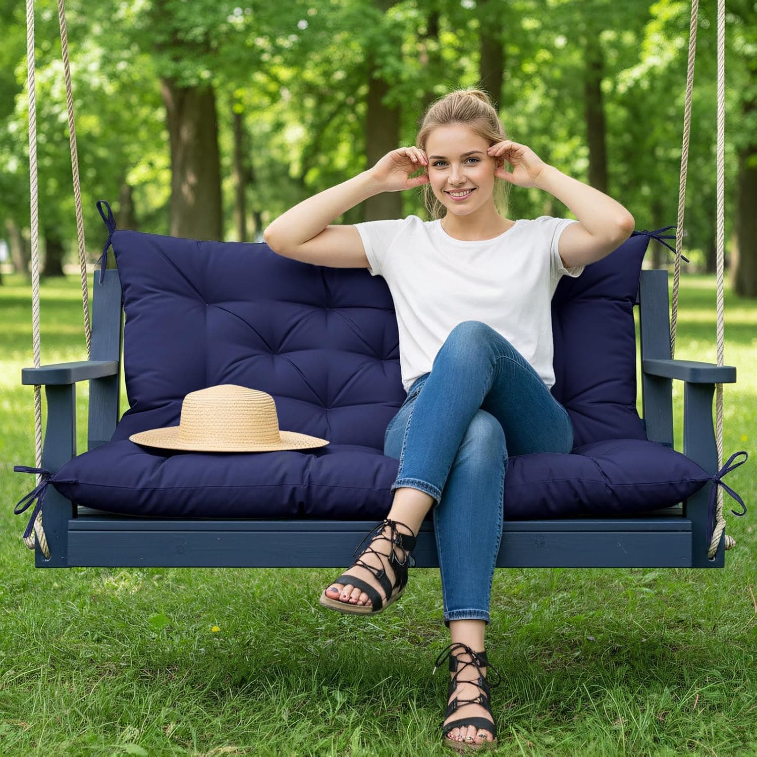 Banc de jardin imperméable avec coussins de dossier : meubles de jardin, balancelle hollywoodienne d'extérieur, pour les personnes qui aiment la décoration extérieure (bleu marine, 100 x 100