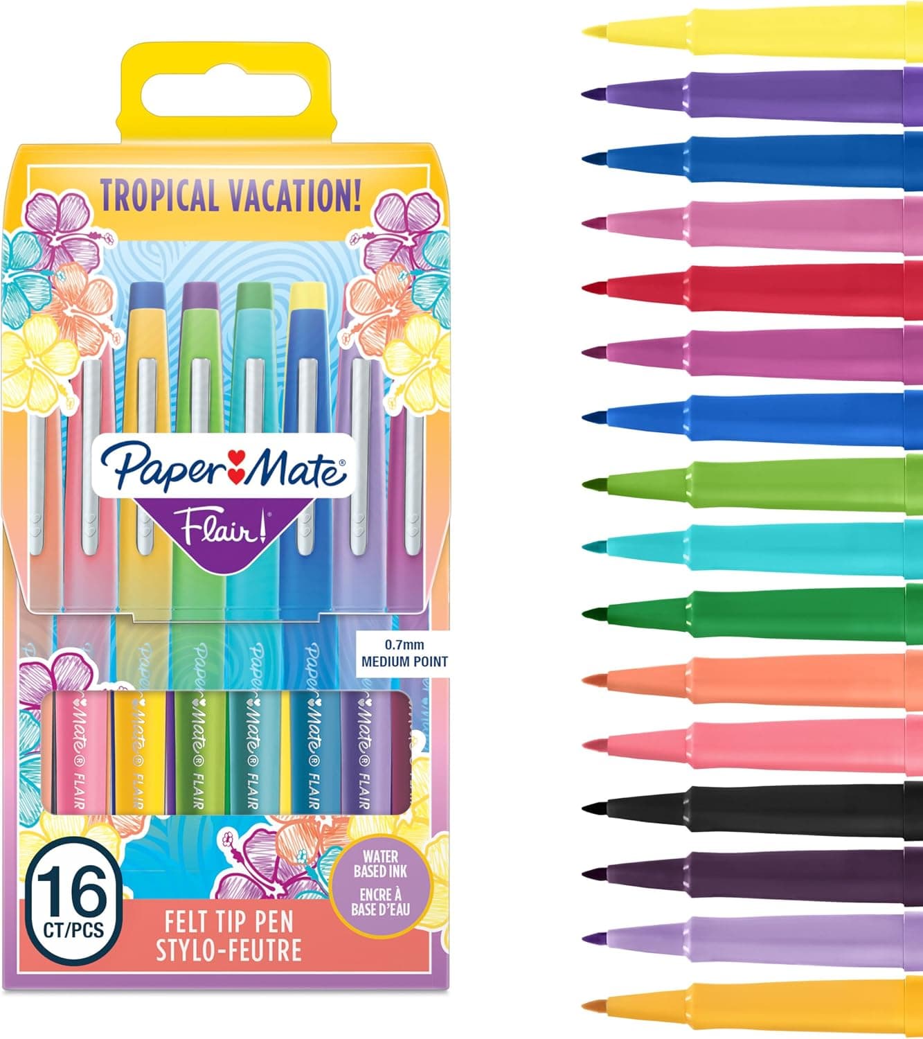 Paper Mate Flair Stylos feutres | Feutres de coloriage sans fuite à pointe moyenne (0,7 mm) | Idéal pour écrire, coloriage (adultes et enfants), scrapbooking, etc. | Couleurs Tropical | Lot de 16