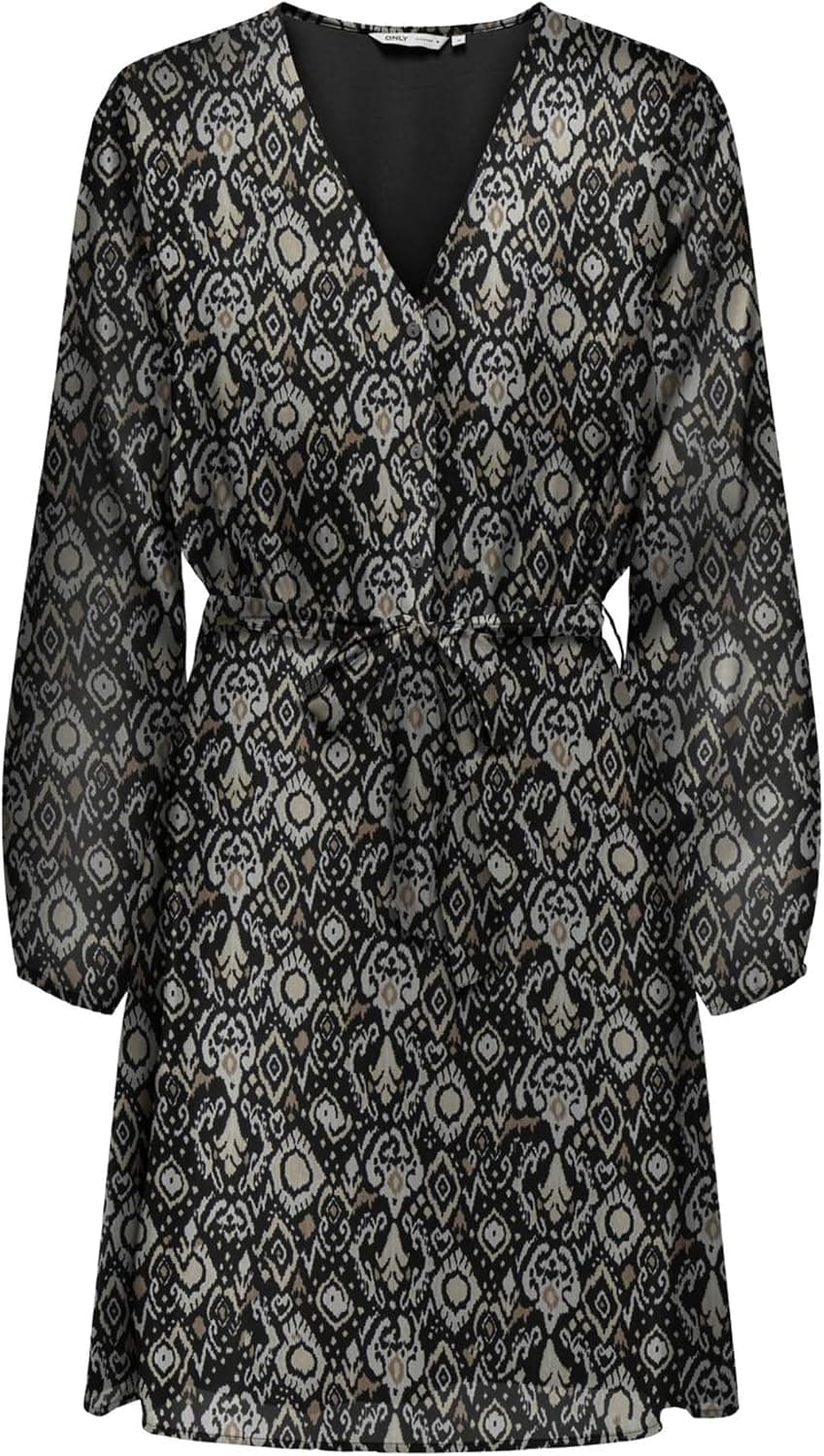 ONLY Robe Chemise Mini Manches Longues en Mesh imprimé avec col en V boutonné ONLCERA