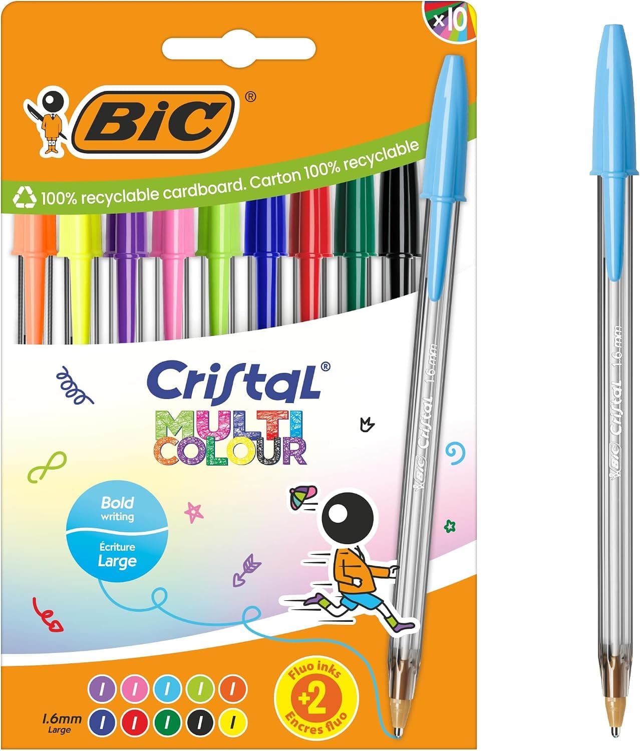 BIC Cristal Multicolour Stylos-bille Pointe Large (1,6 mm) - Encres classiques, fluos et fantaisie de couleurs assorties, pack de 10