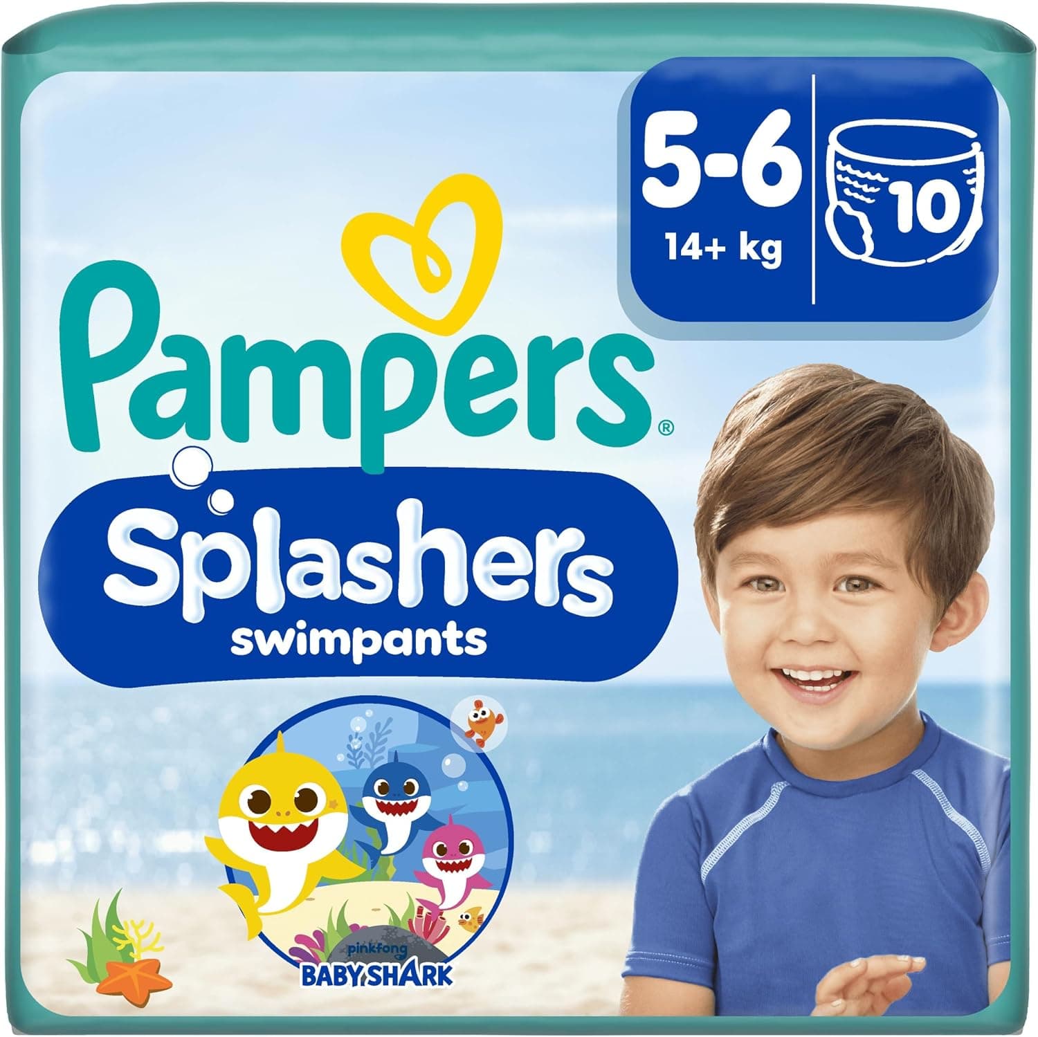 Pampers Splashers, Taille 5-6, 10 Couches-Culottes de Bain Jetables, 14kg+, Le Confort D'un Maillot De Bain Et La Protection Pampers Optimale dans l'Eau, Edition Limitée Baby Shark