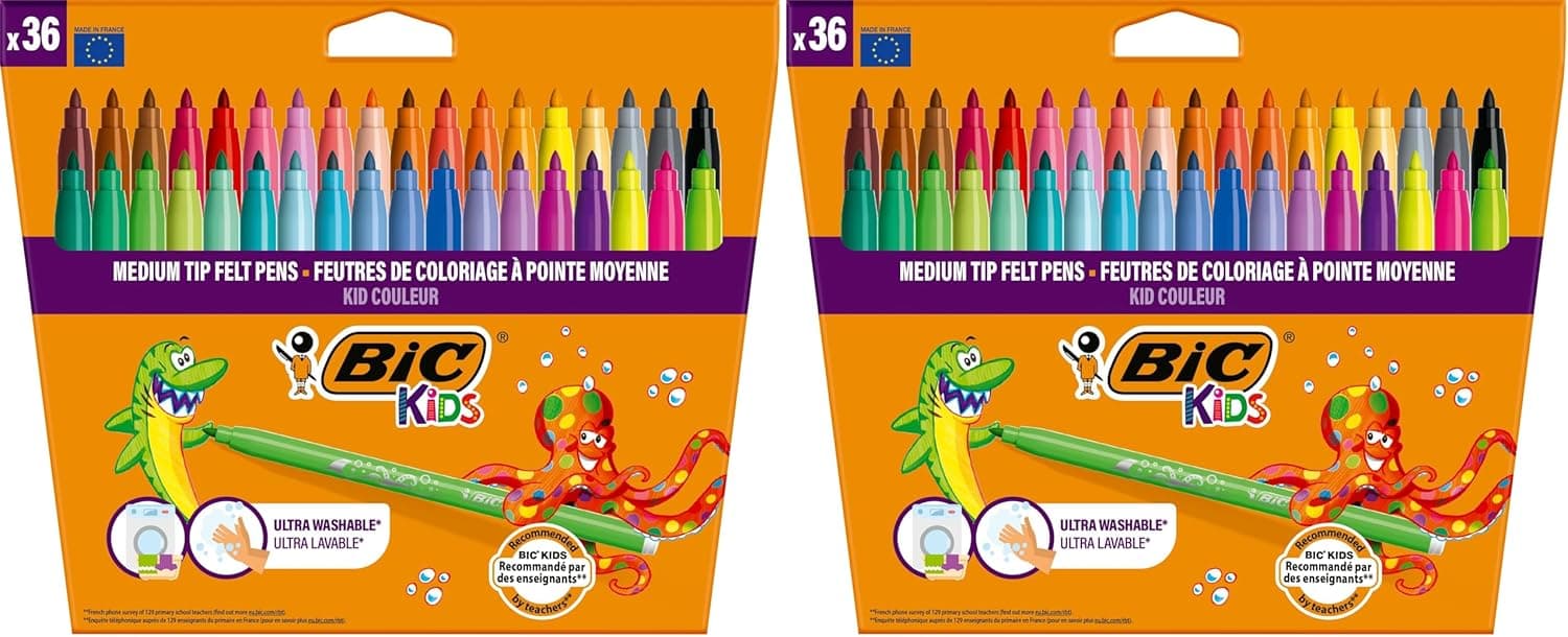BIC Kids Kid Couleur - Feutres de Coloriage Ultra Lavables à Pointe Moyenne - Couleurs Assorties, Etui Carton de 36 (Lot de 2)
