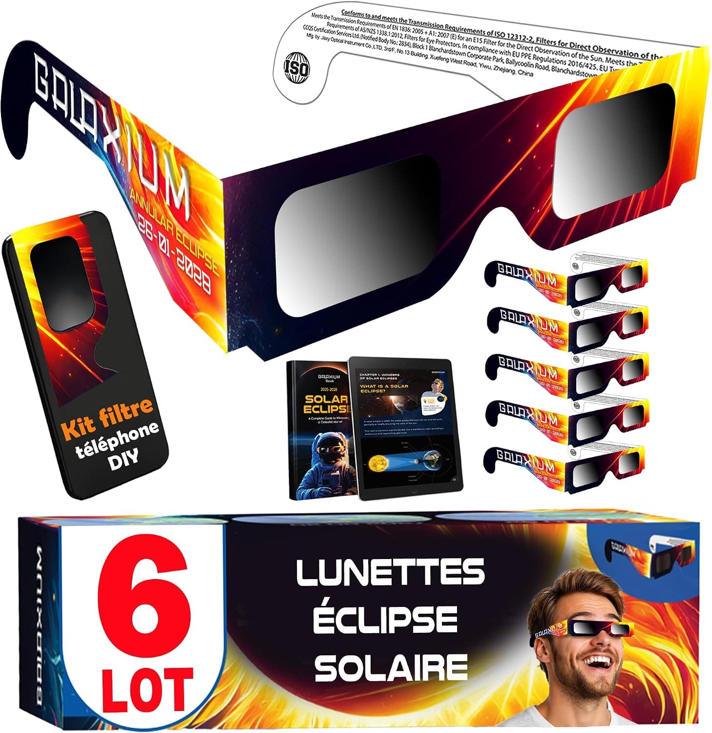 Galaxium Lot de 6/12/25/50/100 Lunettes Eclipse Solaire 2026 ISO 12312-2 Certifiées | Lunette pour Eclipse Solaire | Lunettes Protection Eclipse Solaire | Lunettes d'Eclipse Solaire