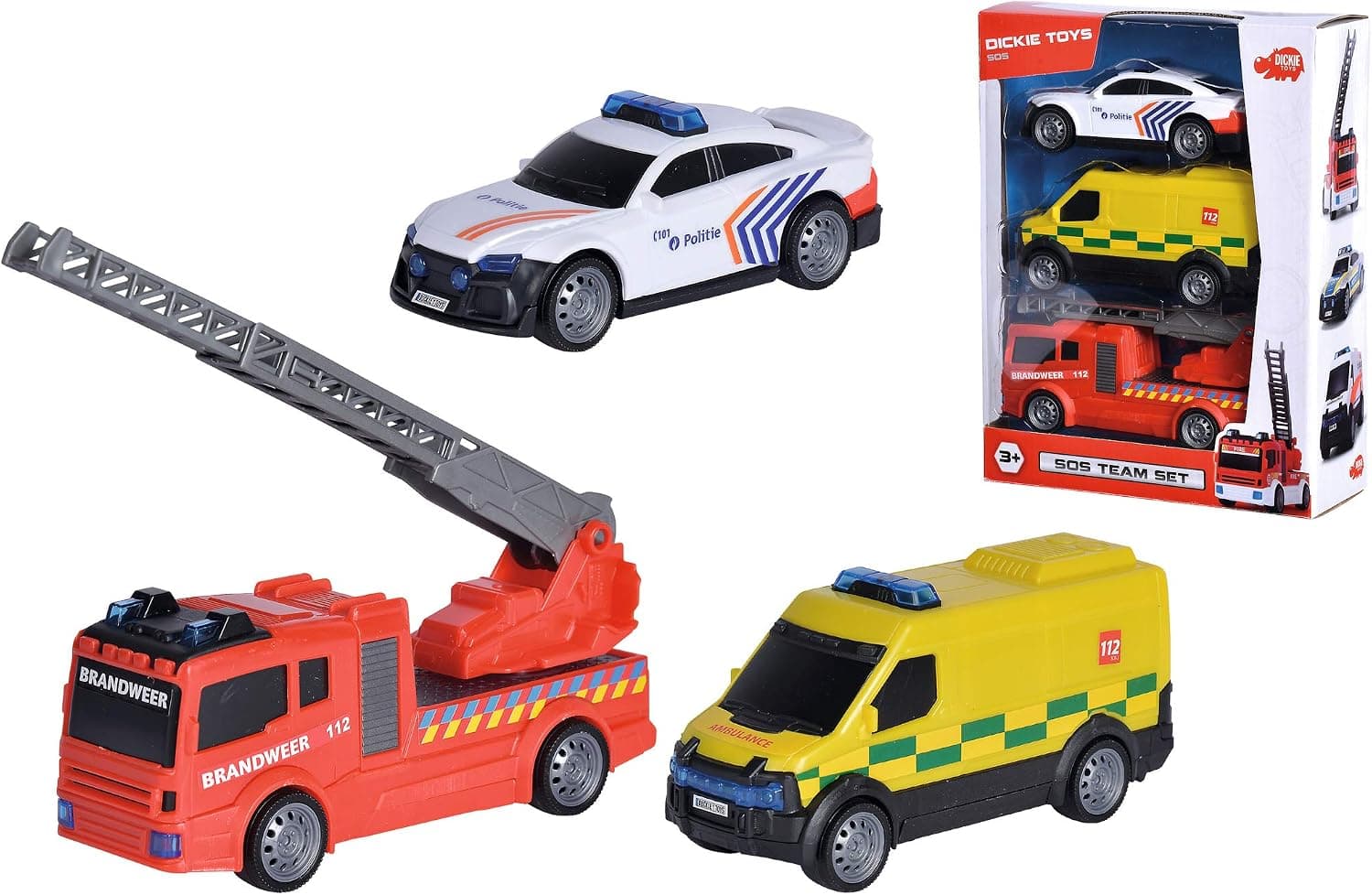 Dickie Toys 203712015014 - SOS Team Set Belgique, Voiture de Police, Ambulance, Camion de Pompier, à partir de 3 Ans